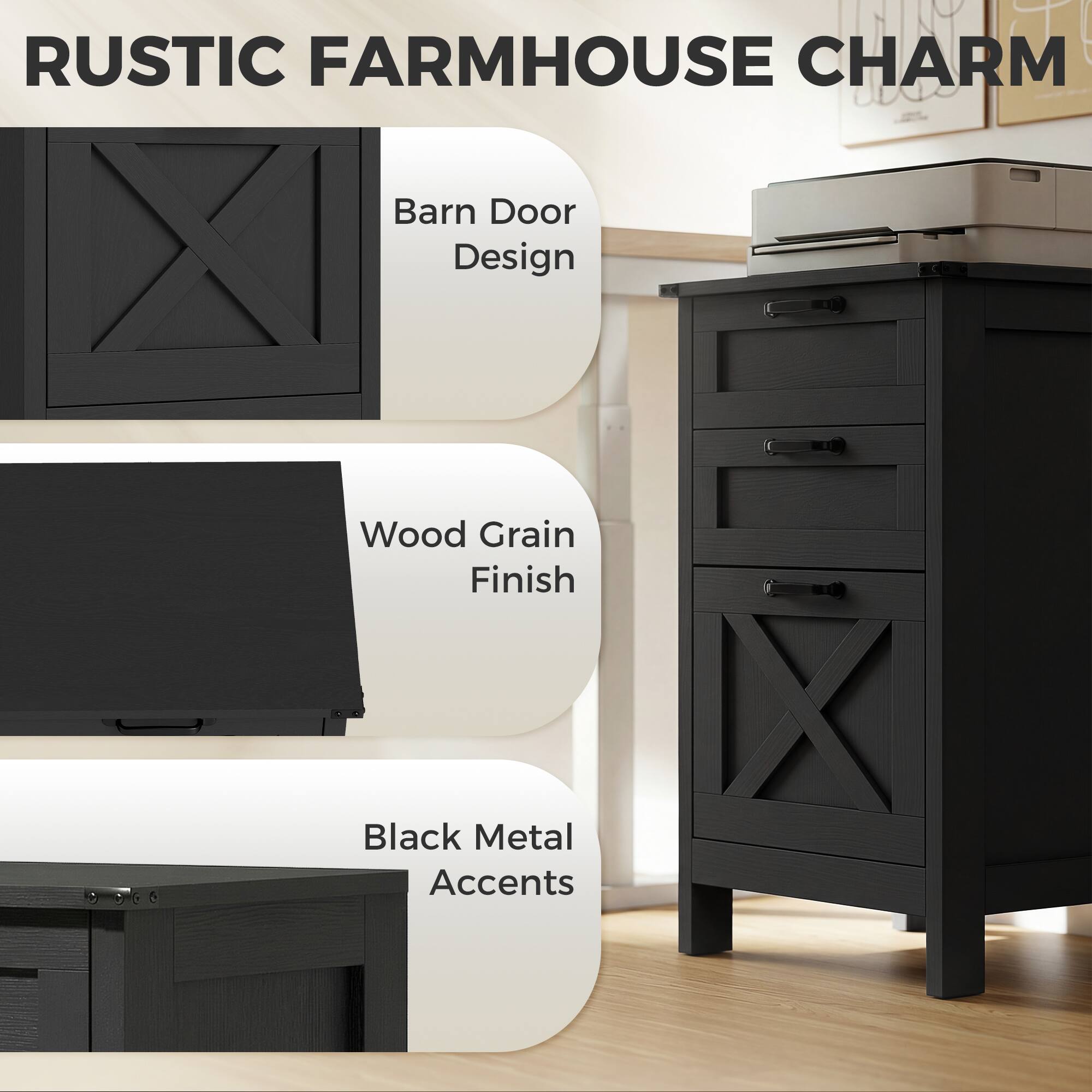 RUSTIC FARMHOUSE CHARM

- Barn Door Design
- Wood Grain Finish
- Black Metal Accents