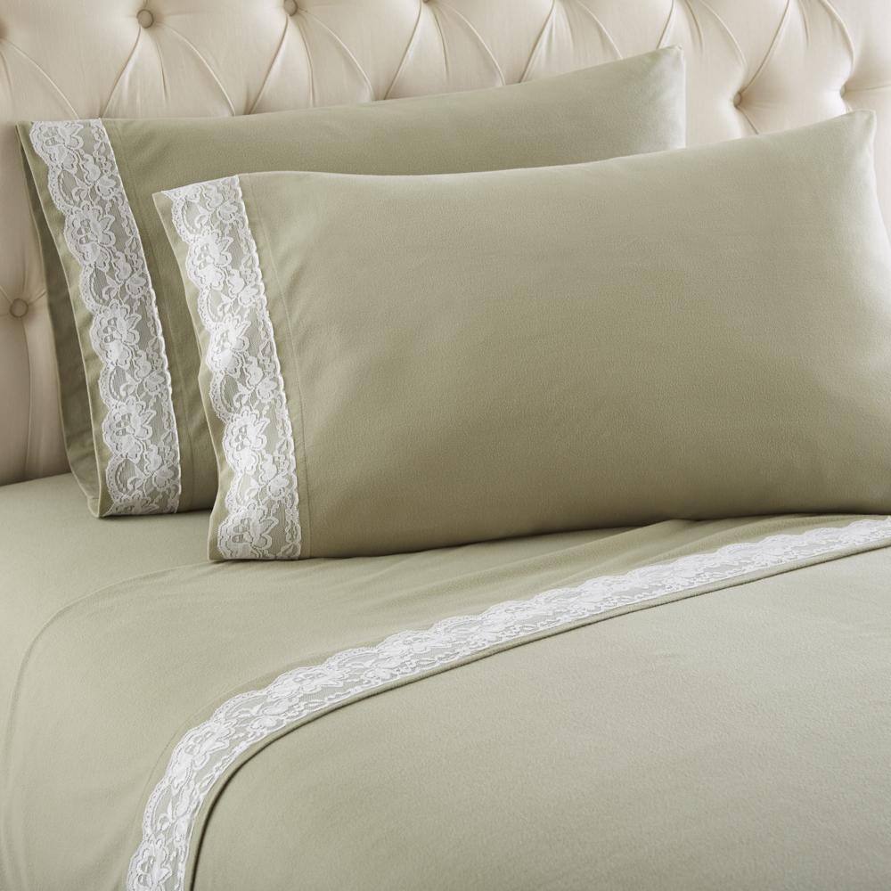 Shavel Home Products - Shavel Micro Flannel Quality Lace-Edged King Flat/Fitted Sheet Set with 2 Pillowcase 21"x40" - Meadow