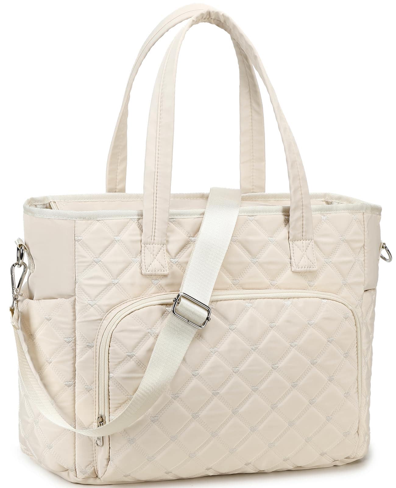 DORLUKFU - Tote Bag for Women, Lightweight Work Tote Bags with Laptop Compartment, Quilted Shoulder Bag for Travel - Beige