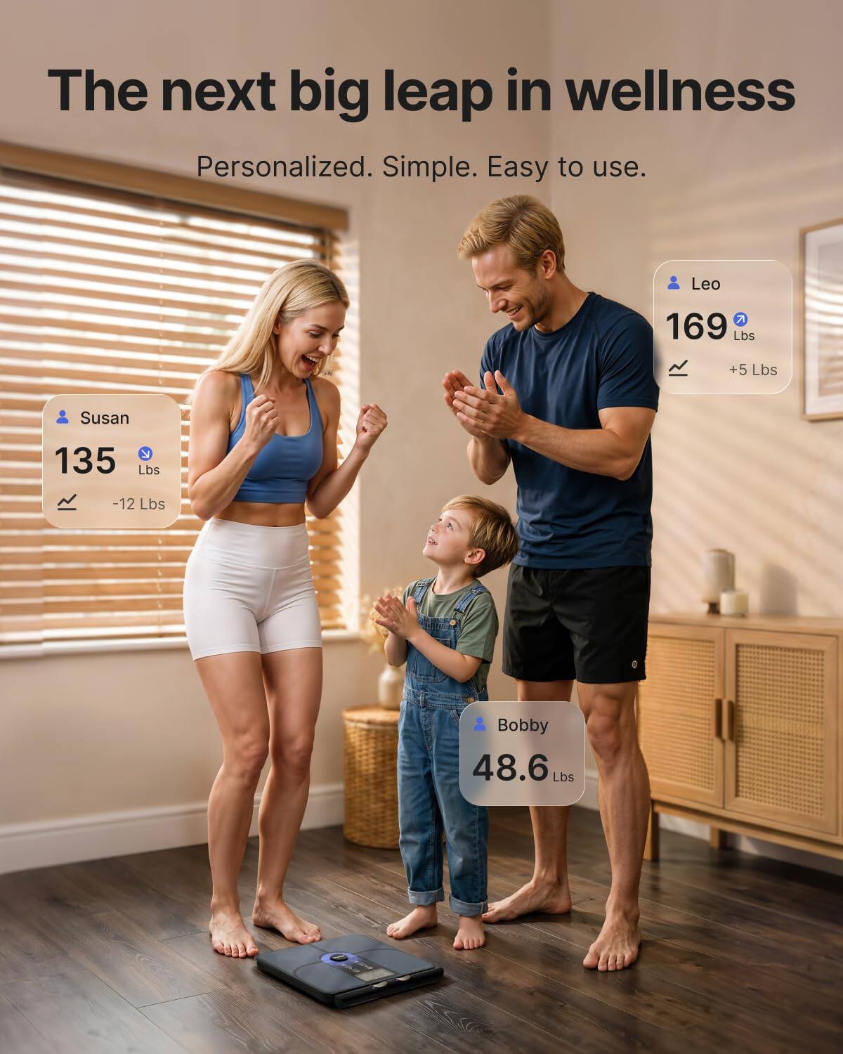 The next big leap in wellness  
Personalized. Simple. Easy to use.  

Leo: 169 Lbs +5 Lbs  
Susan: 135 Lbs -12 Lbs  
Bobby: 48.6 Lbs