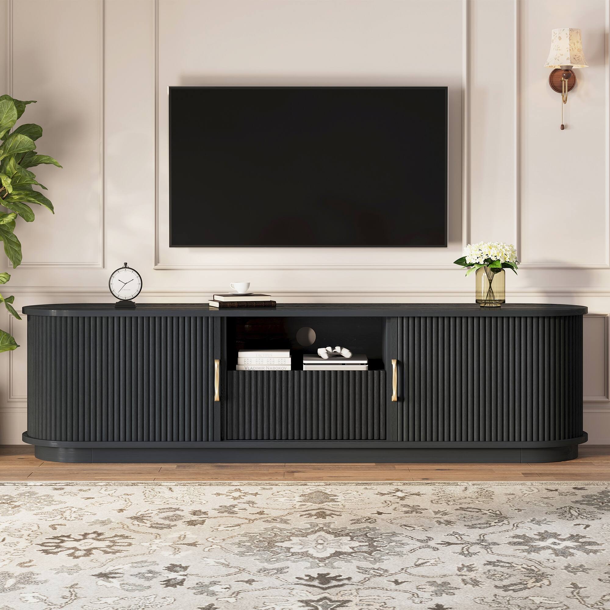 Left. Whisen - Fluted TV Stand TVs up to 75" with Sliding Slatted Doors and Cable Management - Black.
