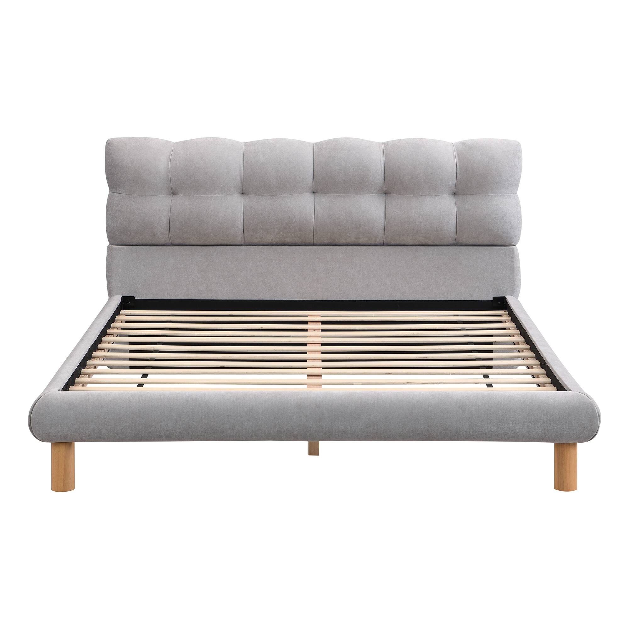 Back. Tiramisubest - Full Size Upholstered Platform Bed Frame with Cookie-Shaped  Headboard, Easy Assembly, soft and comfortable,Grey - Grey.