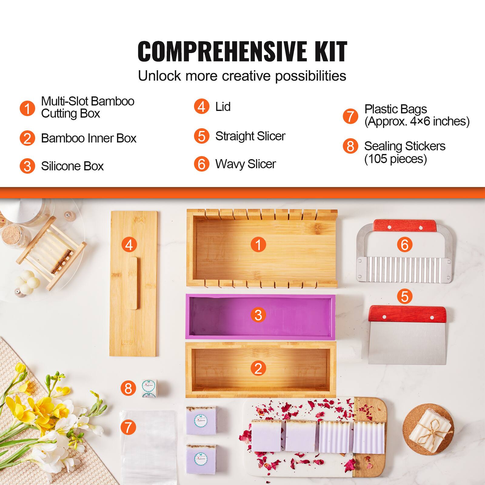 COMPREHENSIVE KIT  
Unlock more creative possibilities  
1. Multi-Slot Bamboo Cutting Box  
2. Bamboo Inner Box  
3. Silicone Box  
4. Lid  
5. Straight Slicer  
6. Wavy Slicer  
7. Plastic Bags (Approx. 4x6 inches)  
8. Sealing Stickers (105 pieces)