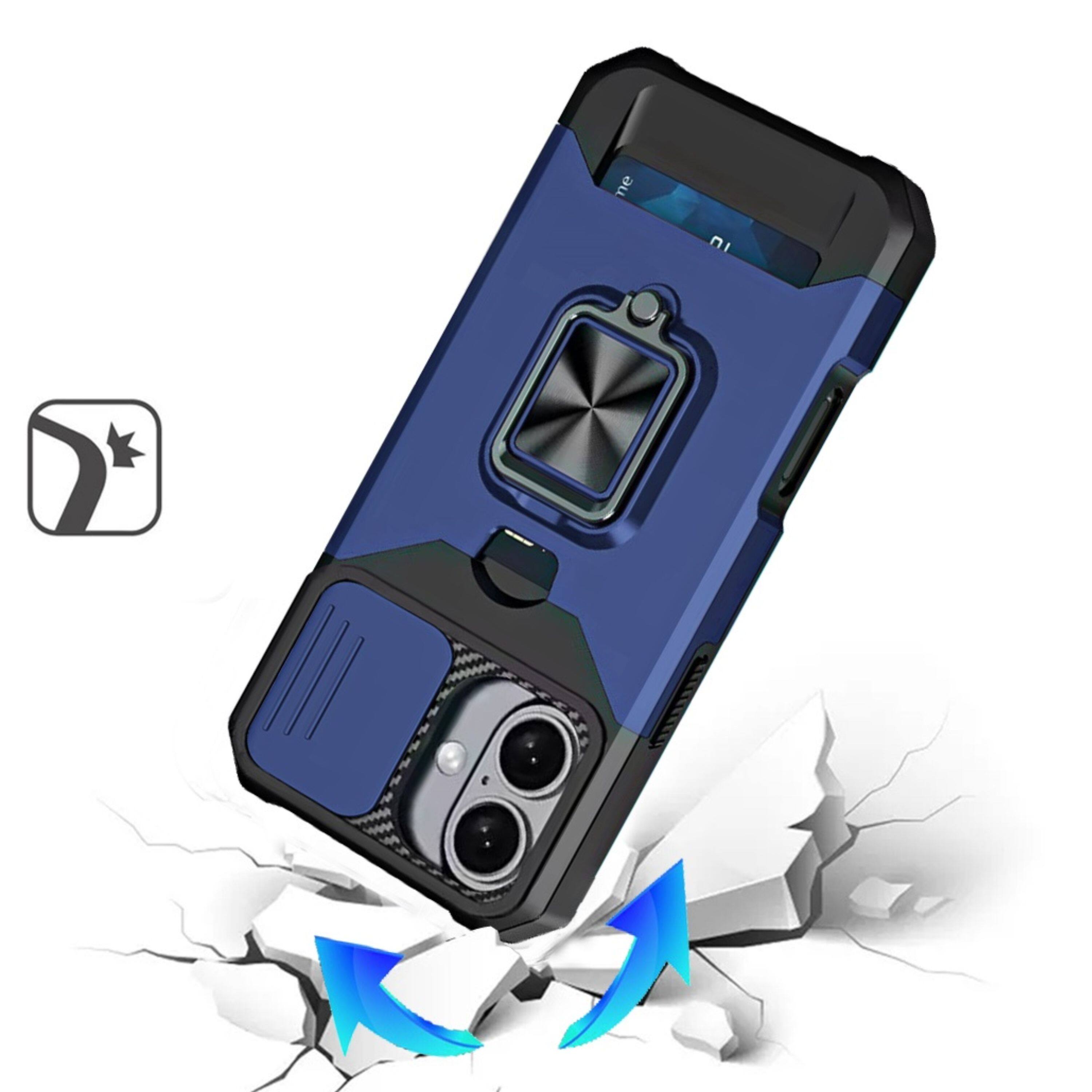 Angle. Kitcheniva - Multi-Use Card Holder Stand Phone Case With Lens Cover Tempered Glass For iPhone 17 Blue - Blue.