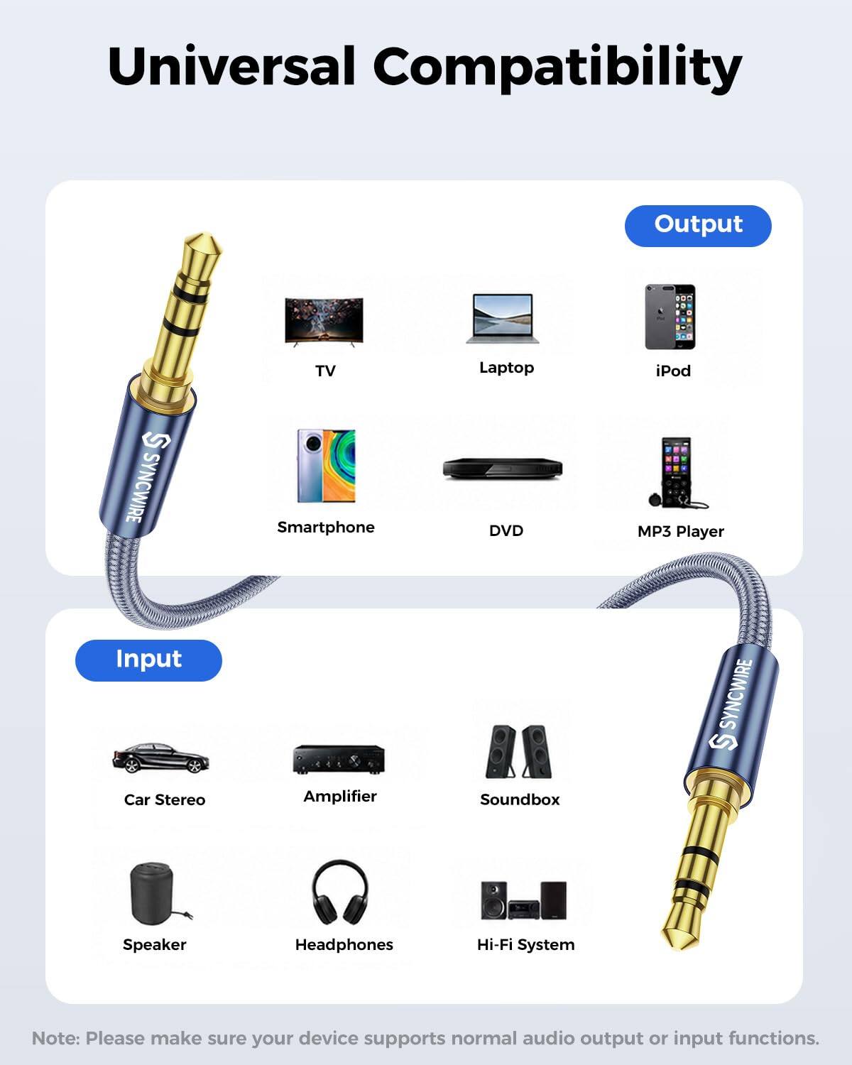 Universal Compatibility

Output
TV
Laptop
iPod
SYNCWIRE
Smartphone
DVD
MP3 Player

Input
Car Stereo
Amplifier
Soundbox
SYNCWIRE
Speaker
Headphones
Hi-Fi System

Note: Please make sure your device supports normal audio output or input functions.