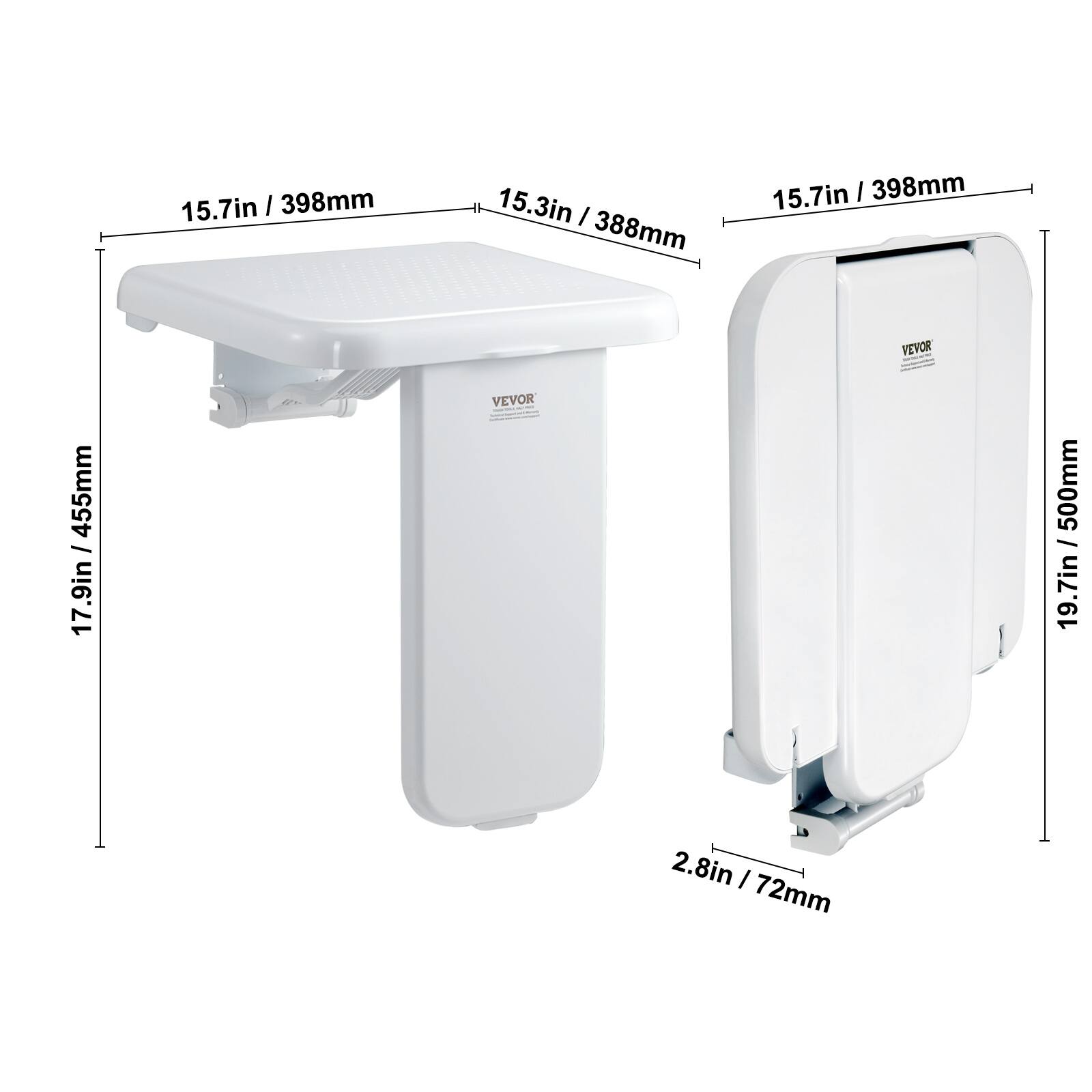 15.7in / 398mm  
15.3in / 388mm  
15.7in / 398mm  
17.9in / 455mm  
19.7in / 500mm  
2.8in / 72mm