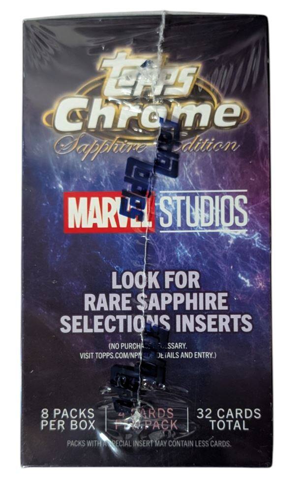 A Chrome Sapphire Edition Marvel Studios Look for Rare Sapphire Selections Inserts (No Purchase Necessary. Visit Topps.com/NPN for Details and Entry.) 8 Packs per Box 4 Cards per Pack 32 Cards Total Packs with a Special Insert May Contain Less Cards.