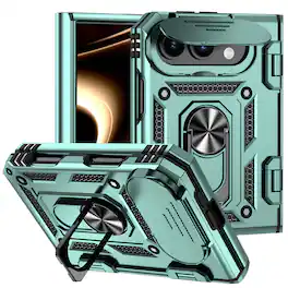 Dteck - For Apple iPhone Duo Heavy Duty Rugged Case Sliding Lens Cover, Shockproof Ring Kickstand Hinge Protection Cover - Darkgreen
