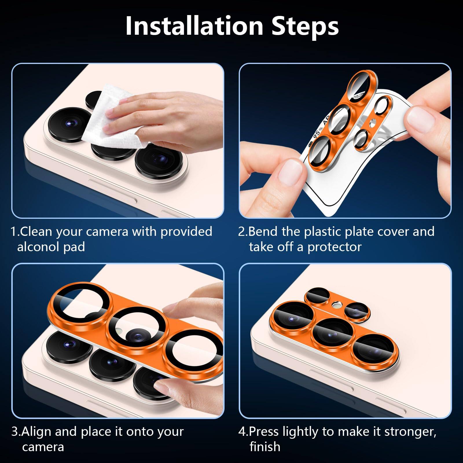 Installation Steps

1. Clean your camera with provided alcohol pad
2. Bend the plastic plate cover and take off a protector
3. Align and place it onto your camera
4. Press lightly to make it stronger, finish
