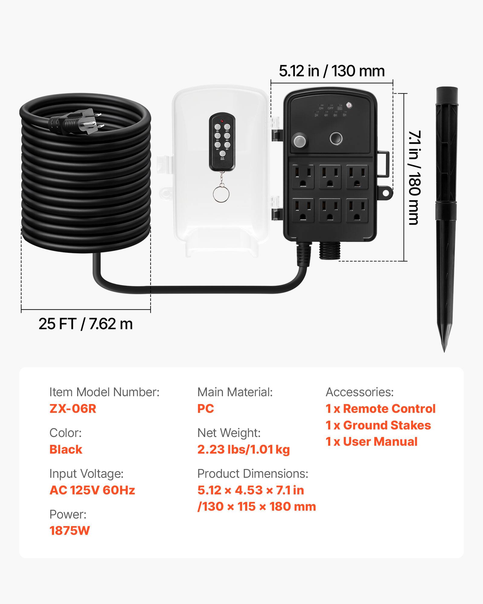 5.12 in / 130 mm  
7.1 in / 180 mm  
25 FT / 7.62 m  

Item Model Number: ZX-06R  
Color: Black  
Main Material: PC  
Net Weight: 2.23 lbs/1.01 kg  
Accessories: 1 x Remote Control, 1 x Ground Stakes, 1 x User Manual  
Input Voltage: AC 125V 60Hz  
Power: 1875W  
Product Dimensions: 5.12 x 4.53 x 7.1 in / 130 x 115 x 180 mm