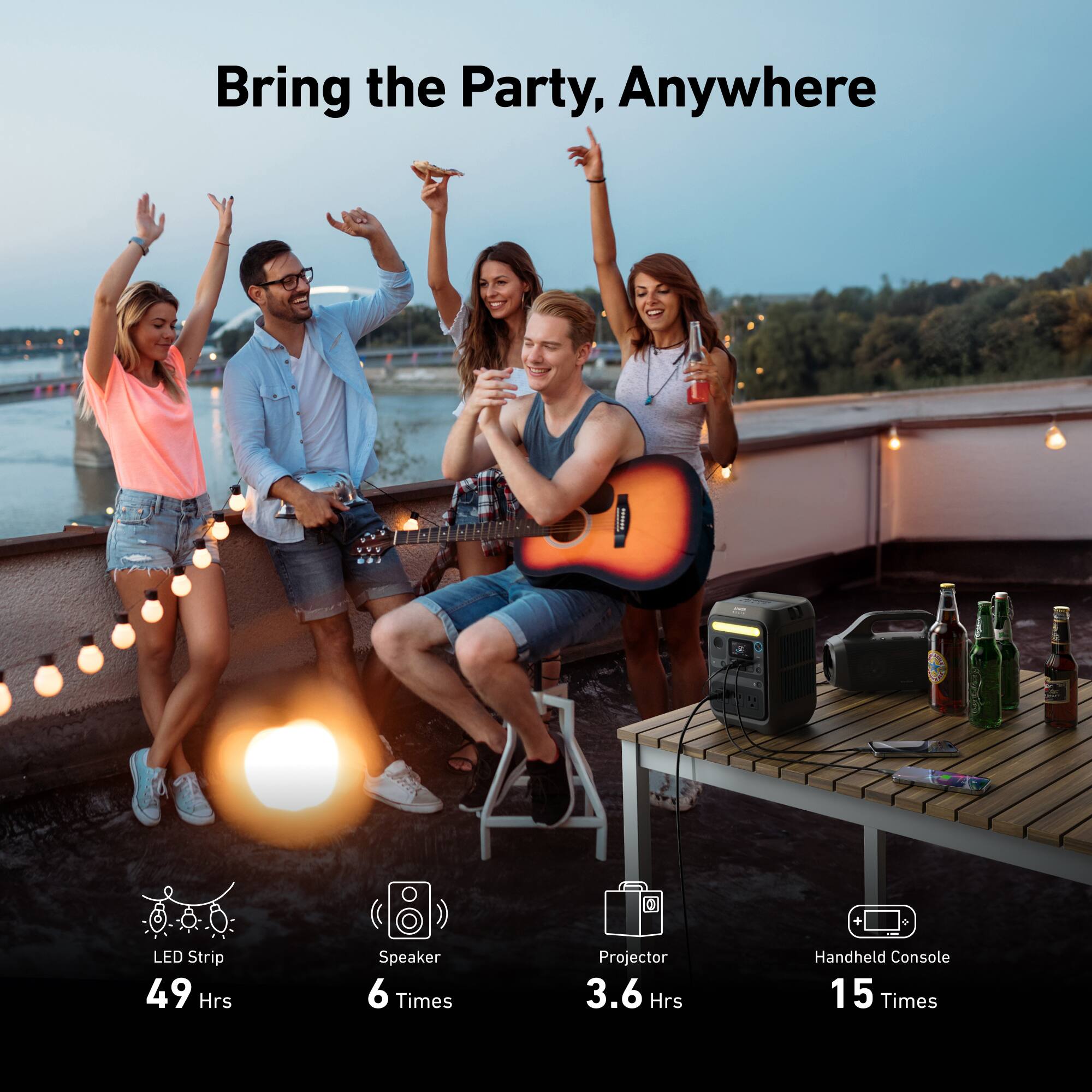 Bring the Party, Anywhere

- LED Strip: 49 Hrs
- Speaker: 6 Times
- Projector: 3.6 Hrs
- Handheld Console: 15 Times