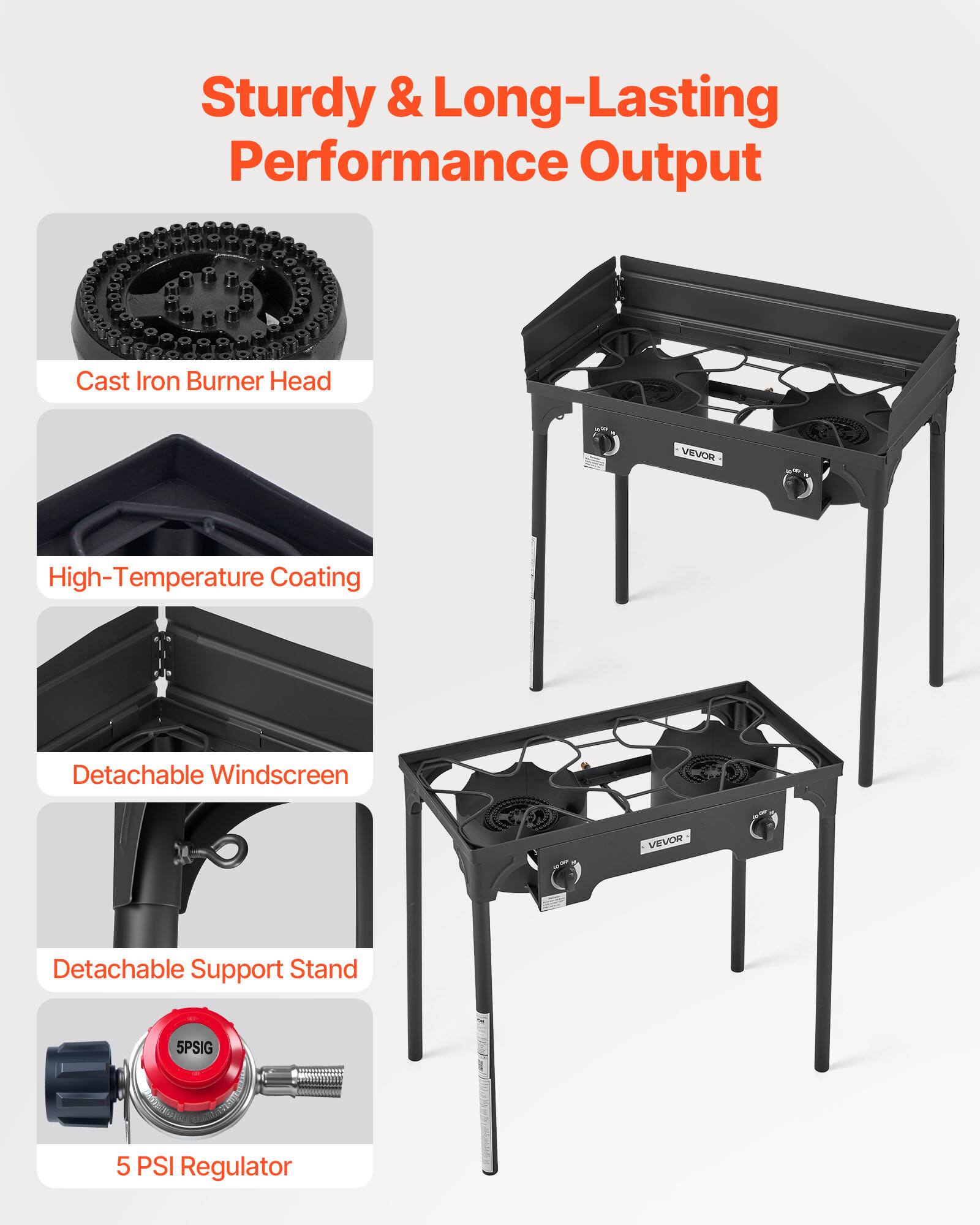 Sturdy & Long-Lasting Performance Output

- Cast Iron Burner Head
- High-Temperature Coating
- Detachable Windscreen
- Detachable Support Stand
- 5 PSI Regulator