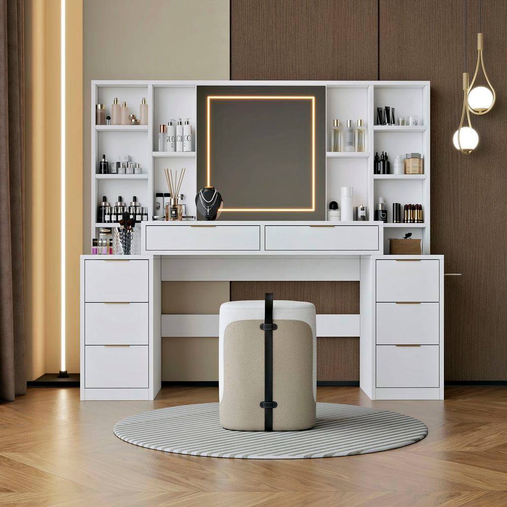 Alt View 1. Kadyn - 59-Inch Large Vanity Desk with Mirror, Lights and 8 Drawers - White.