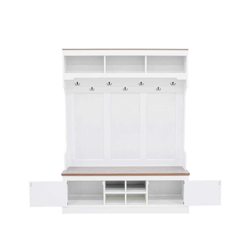 Alt View 7. Loheer - Loheer 71 inch tall entryway organizer, farmhouse hall tree with bench, white coat rack with shoe storage - White.