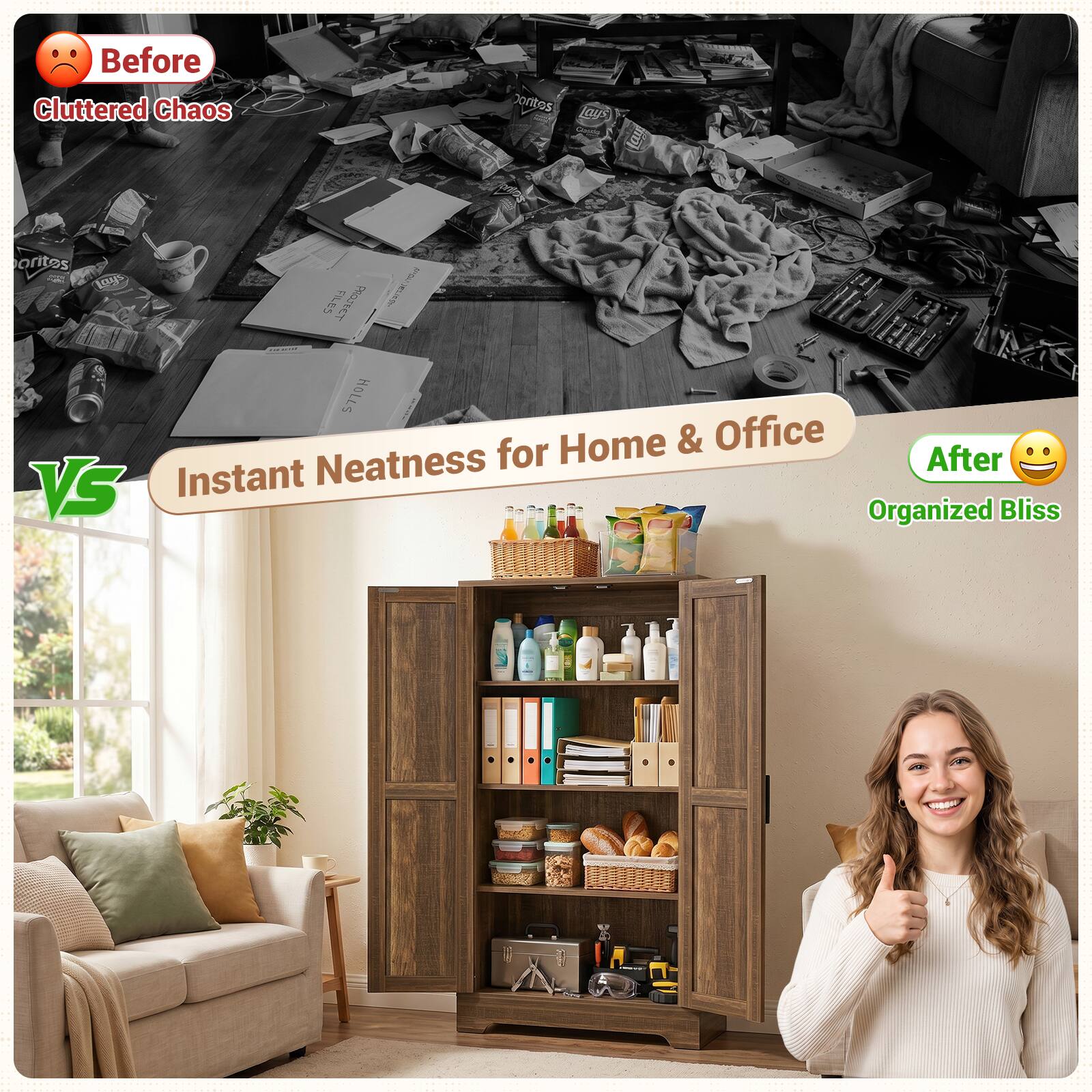 Before Cluttered Chaos

VS

Instant Neatness for Home & Office

After Organized Bliss