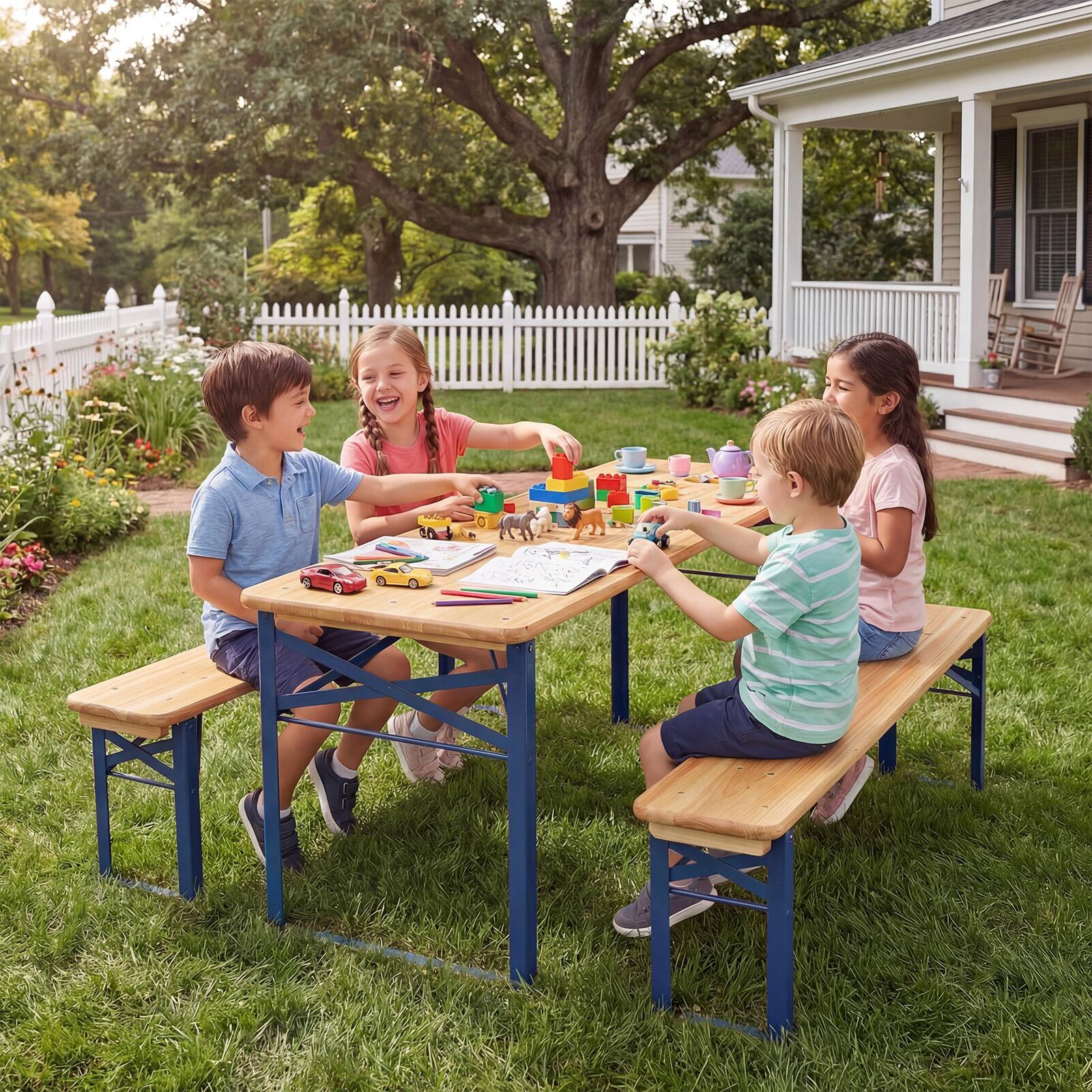 Alt View 3. Costway - Costway 43.5 Inch Folding Kids Picnic Table & Bench Set with 0.8" Thick Fir Wood Top - Navy Blue and Natural.