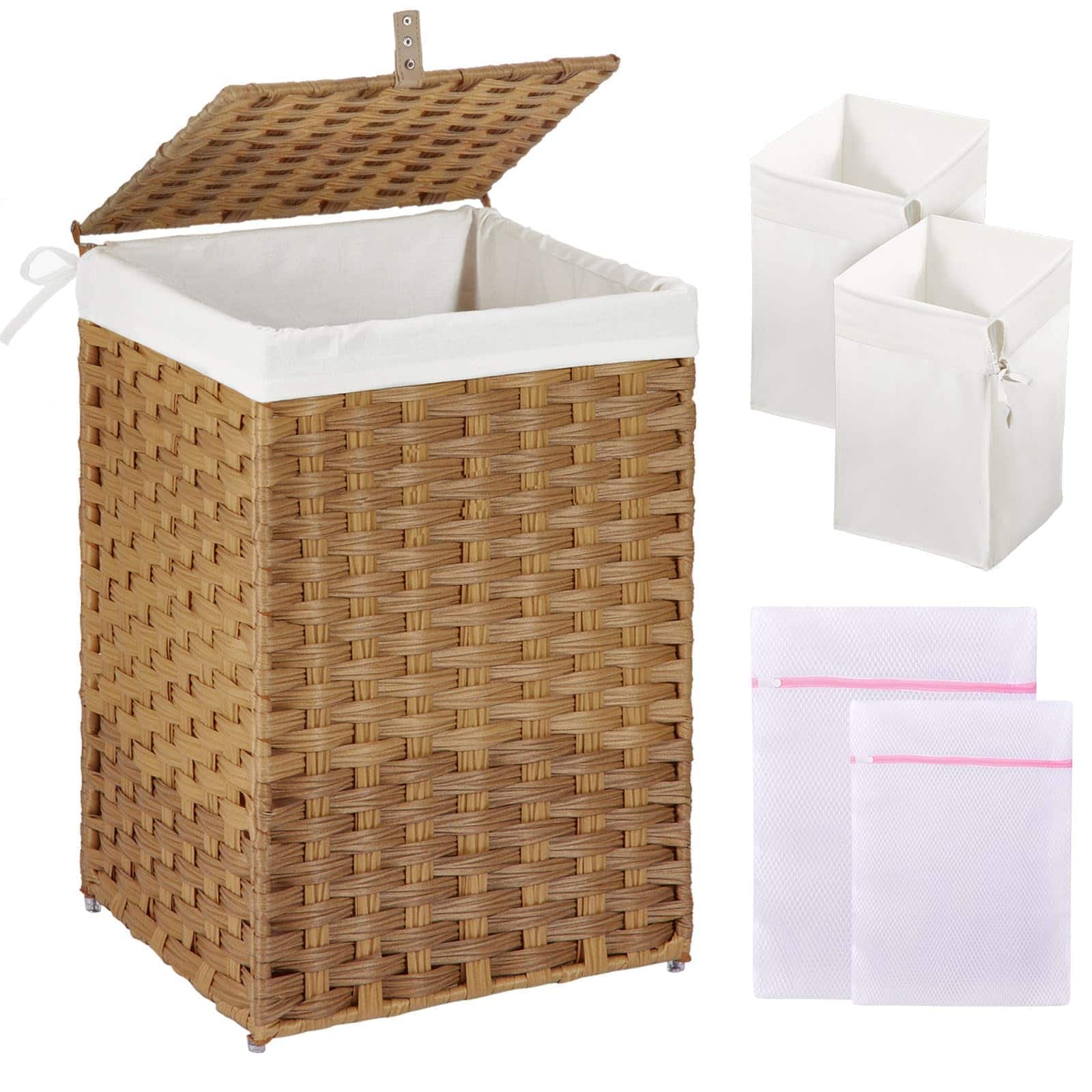 DORLUKFU - Laundry Hamper with Lid, 60L Clothes Hamper with 2 Removable Liner Bags & 2 Mesh Laundry Bags, Handwoven Synthetic - Natural