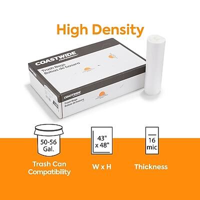 High Density  
COASTWIDE  
Trash Bags  
Basura de Bolsos  
50-56 Gal.  
43" x 48"  
16 mic  
Trash Can Compatibility  
W x H  
Thickness
