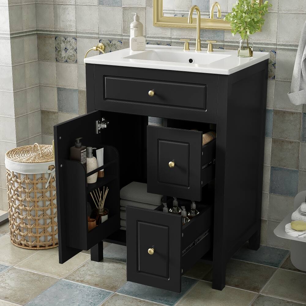 Front. Loheer - Loheer 24 inch bathroom vanity with sink, Black Freestanding Cabinet, Soft Close Drawers - Black.