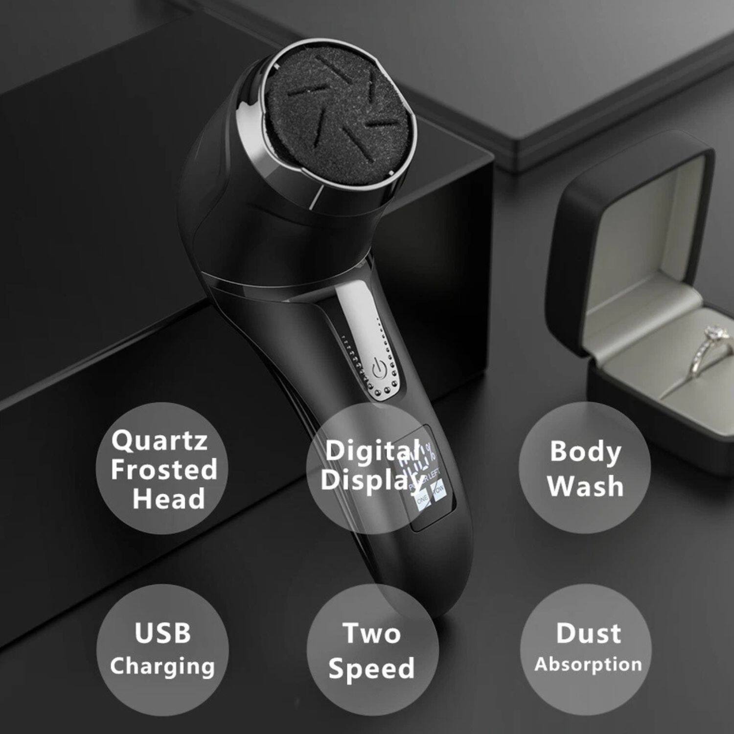 Quartz Frosted Head  
Digital Display  
USB Charging  
Two Speed  
Body Wash  
Dust Absorption