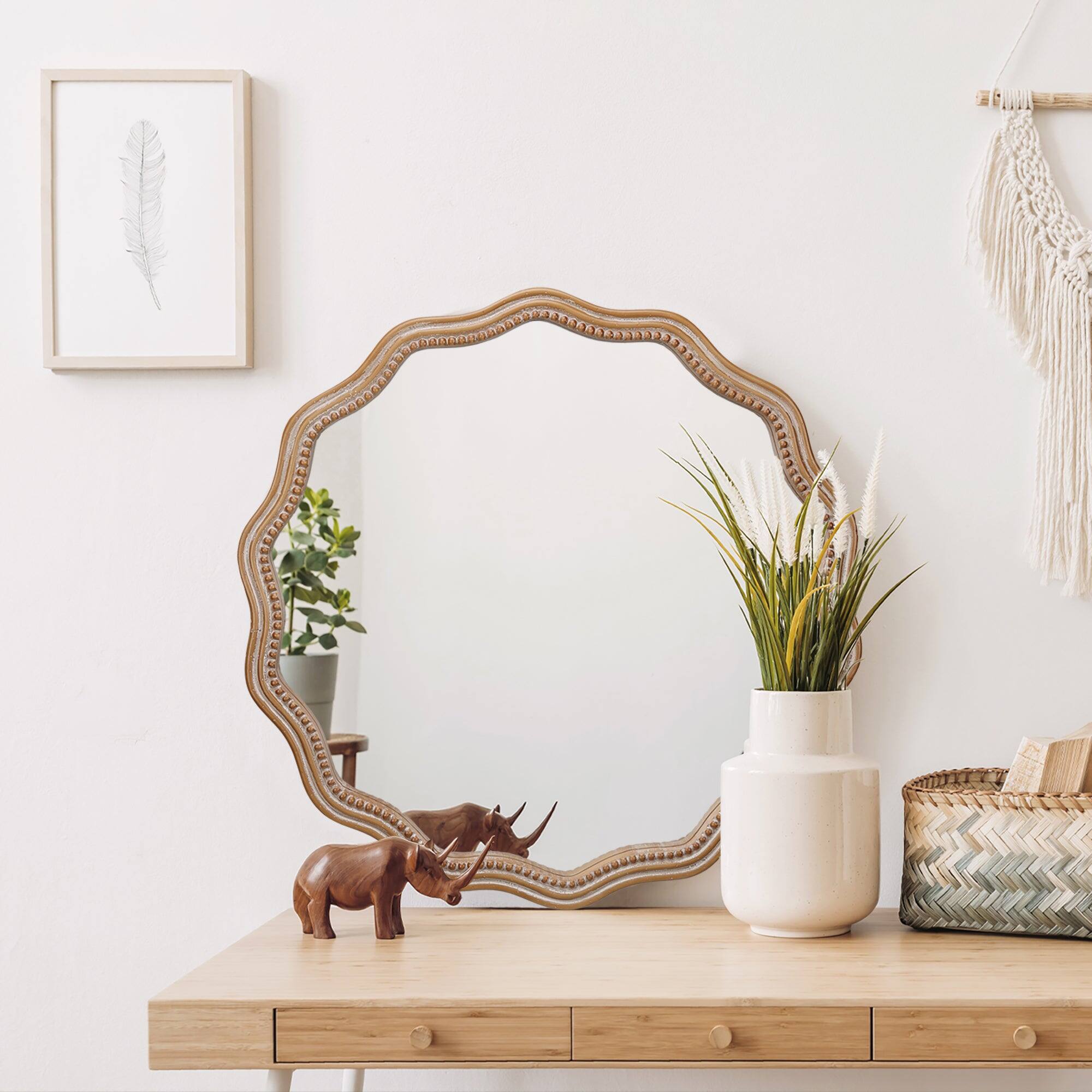 Alt View 1. BreeBe - 23.62" Wood Round Wavy Wall Mirror, Scalloped Large Decorative Wood Framed Hanging Circle Mirror, Farmhouse Decor - Antique Natural.