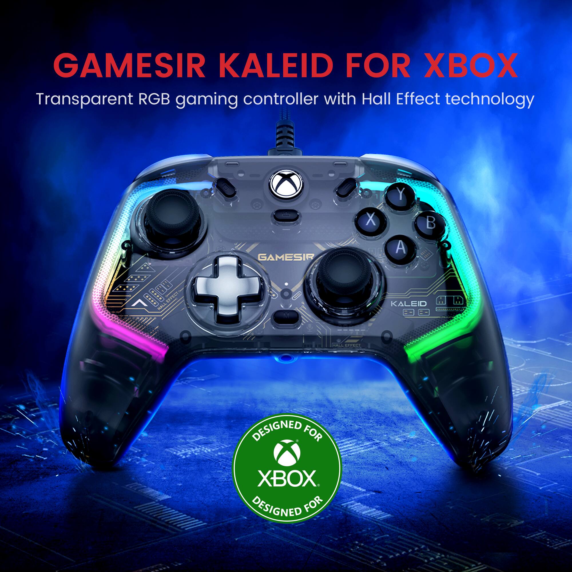 GAMESIR KALEID FOR XBOX  
Transparent RGB gaming controller with Hall Effect technology  

GAMESIR X Y A B  
KALEID  
DESIGNED FOR XBOX