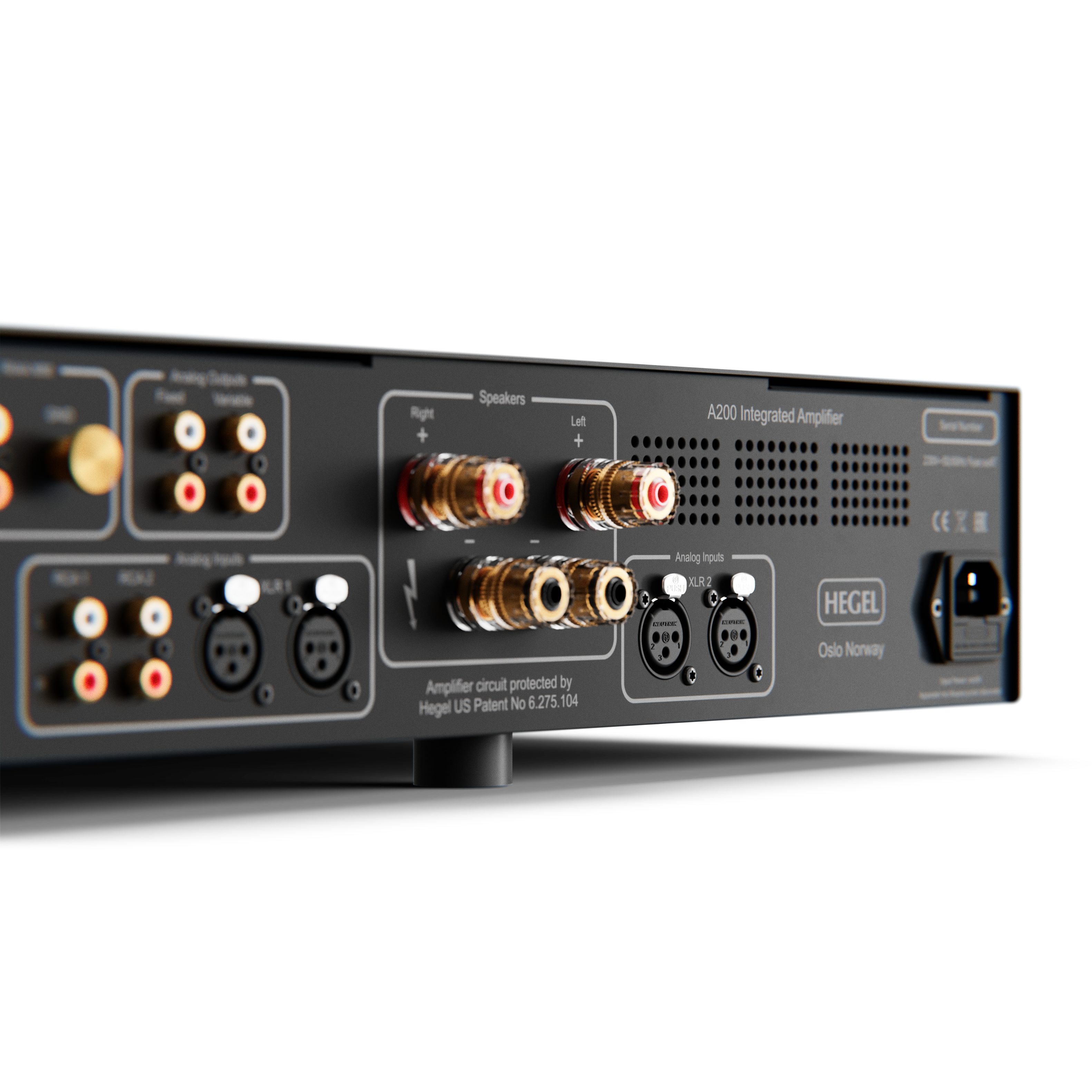 A200 Integrated Amplifier  
Speakers  
Right +  
Left +  
Analog Inputs XLR 2  
HEGEL  
Amplifier circuit protected by US Patent No 6.275.104  
Oslo Norway