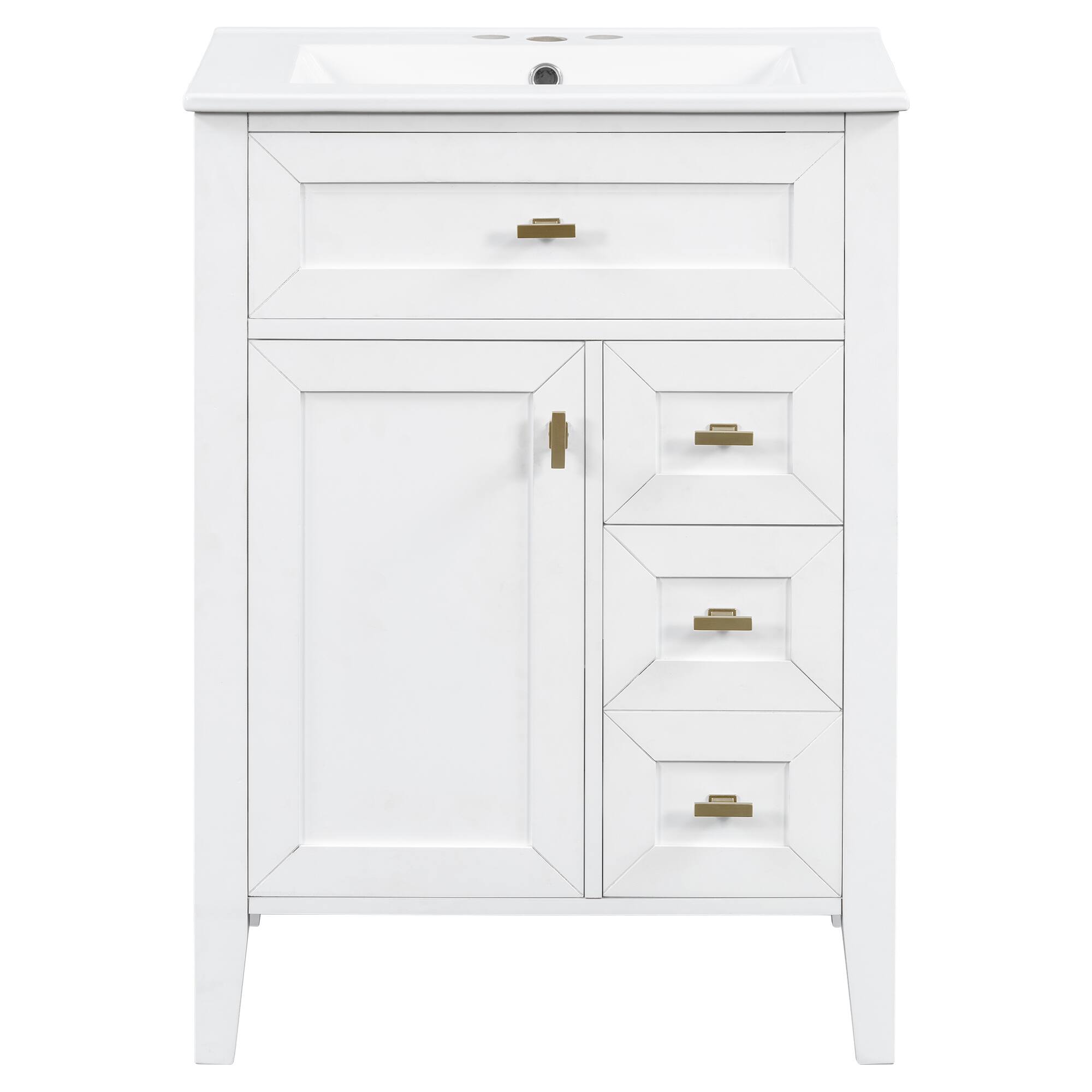 Back. Whisen - 24-Inch Freestanding Bathroom Vanity with Ceramic Sink, 3 Drawers & 2 Door Storage Rack - White.
