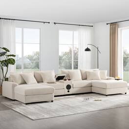 Boyel Living - 6 Seat Couch Bluetooth Speakers Deep and Wide Seat Living Room Sofa Cream Corduroy - Cream
