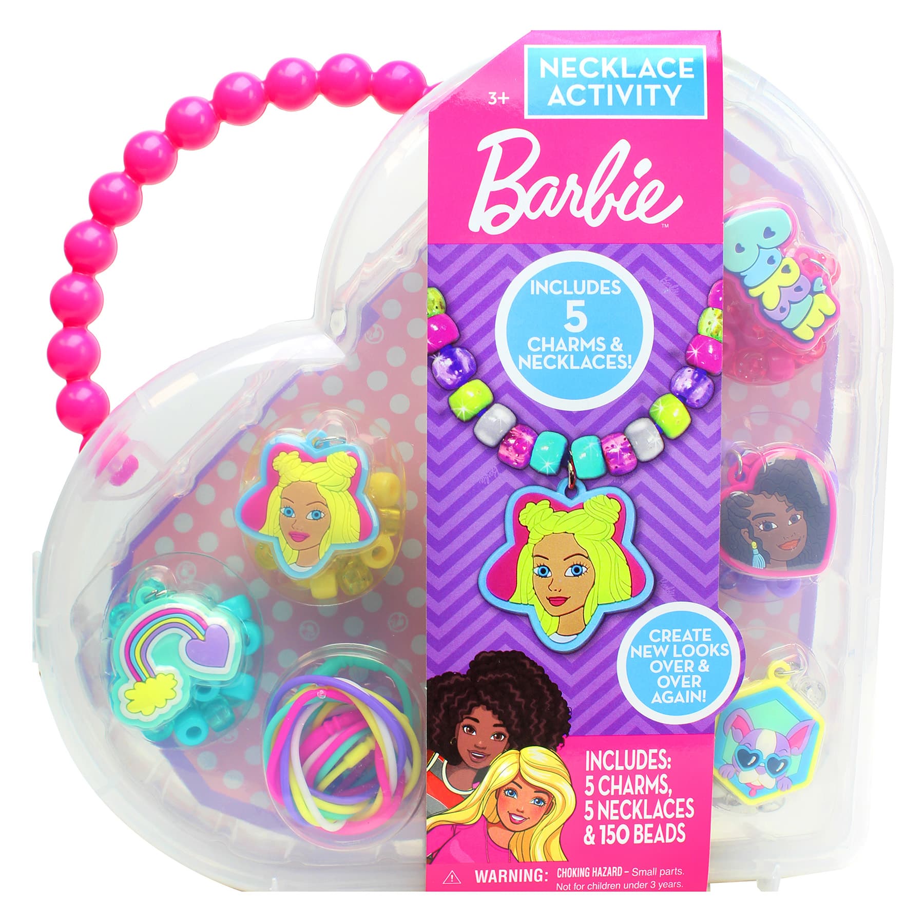 The text on the image reads: "Barbie Necklace Activity 3+ Includes 5 Charms & 5 Necklaces! Create new looks over & over again! Includes: 5 Charms, 5 Necklaces & 150 Beads. Warning: Choking Hazard-Small Parts. Not for children under 1 year."