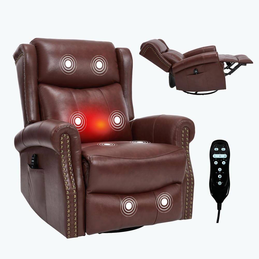 Alt View 1. Kadyn - Manual Heat Massage Recliner Chair, 8 Vibration Modes, Rocker Swivel, Genuine Leather, Dark Brownish Red - Red.