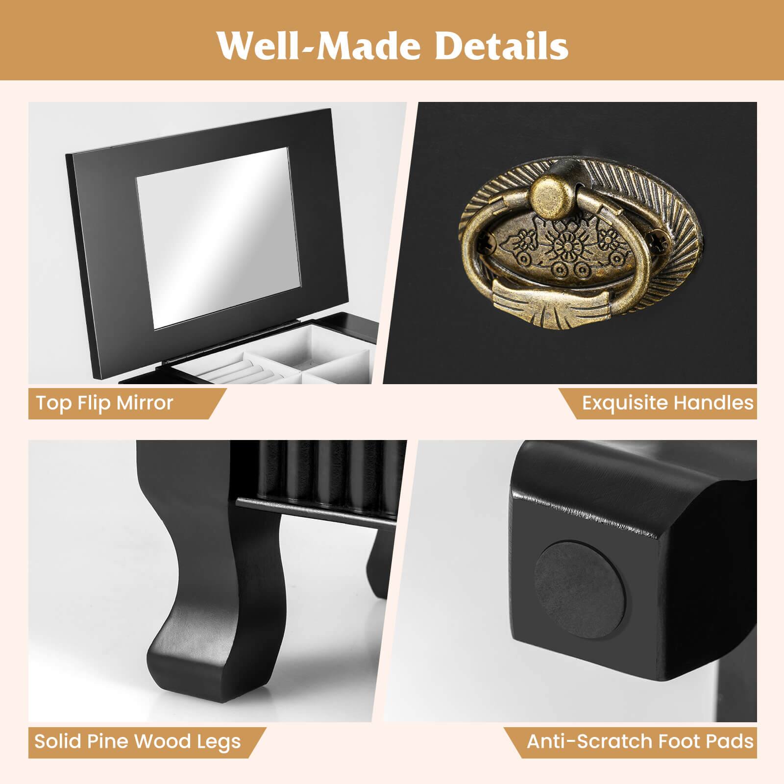 Well-Made Details

- Top Flip Mirror
- Exquisite Handles
- Solid Pine Wood Legs
- Anti-Scratch Foot Pads