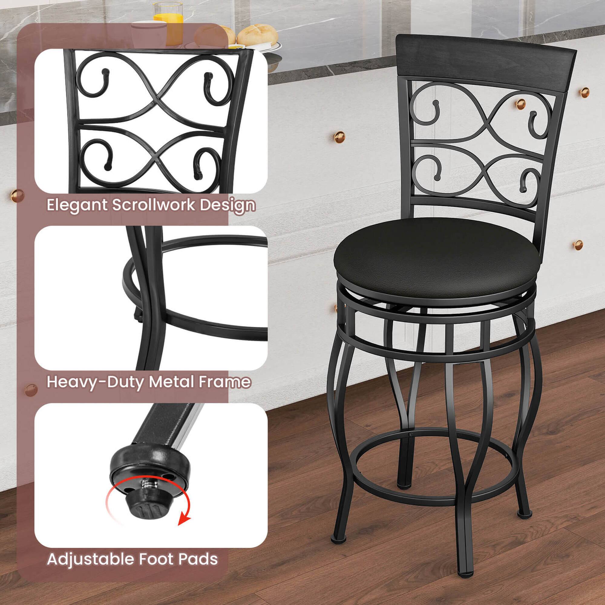 The image features a black metal chair with an elegant scrollwork design. The chair has a heavy-duty metal frame and adjustable foot pads, making it a versatile and comfortable seating option.