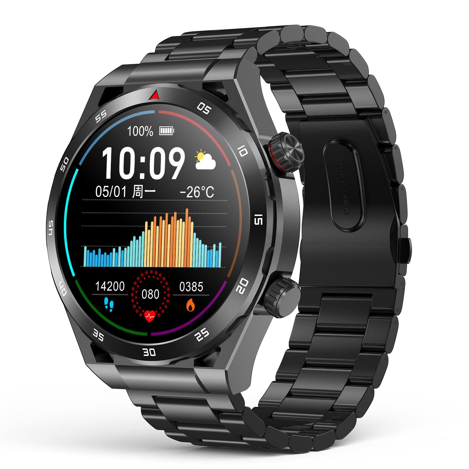 Sure, here is the corrected and grouped text from the image:

- **Time:** 10:09
- **Date:** 05/01 (Monday)
- **Temperature:** -26°C
- **Battery:** 100%
- **Steps:** 14200
- **Heart Rate:** 080
- **Calories:** 0385
- **Weather:** Cloudy