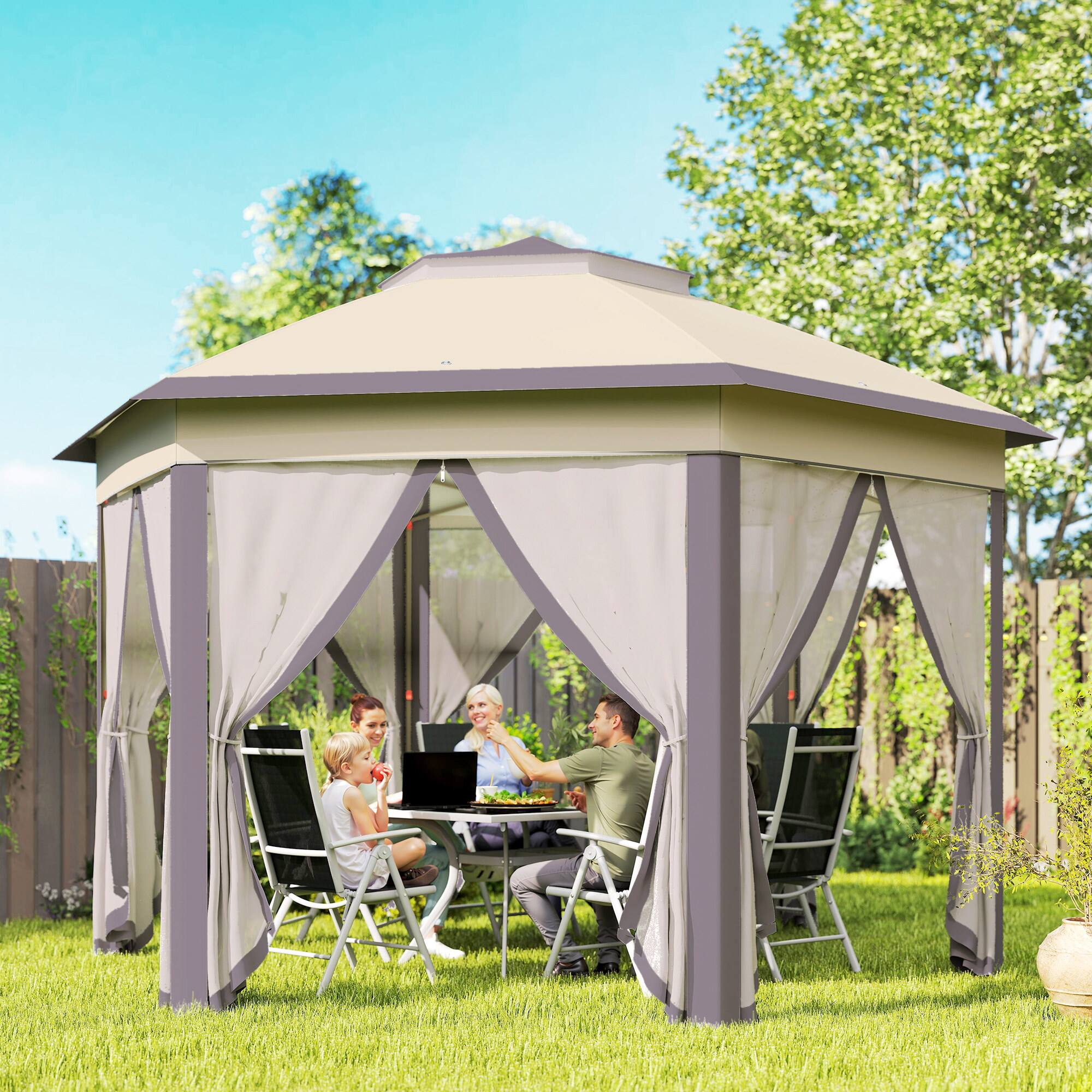 Alt View 1. Outsunny - x 13' Pop Up Gazebo Hexagonal Canopy Shelter with 6 Zippered Mesh Netting for Patio Backyard Garden Wedding - Coffee and Beige.