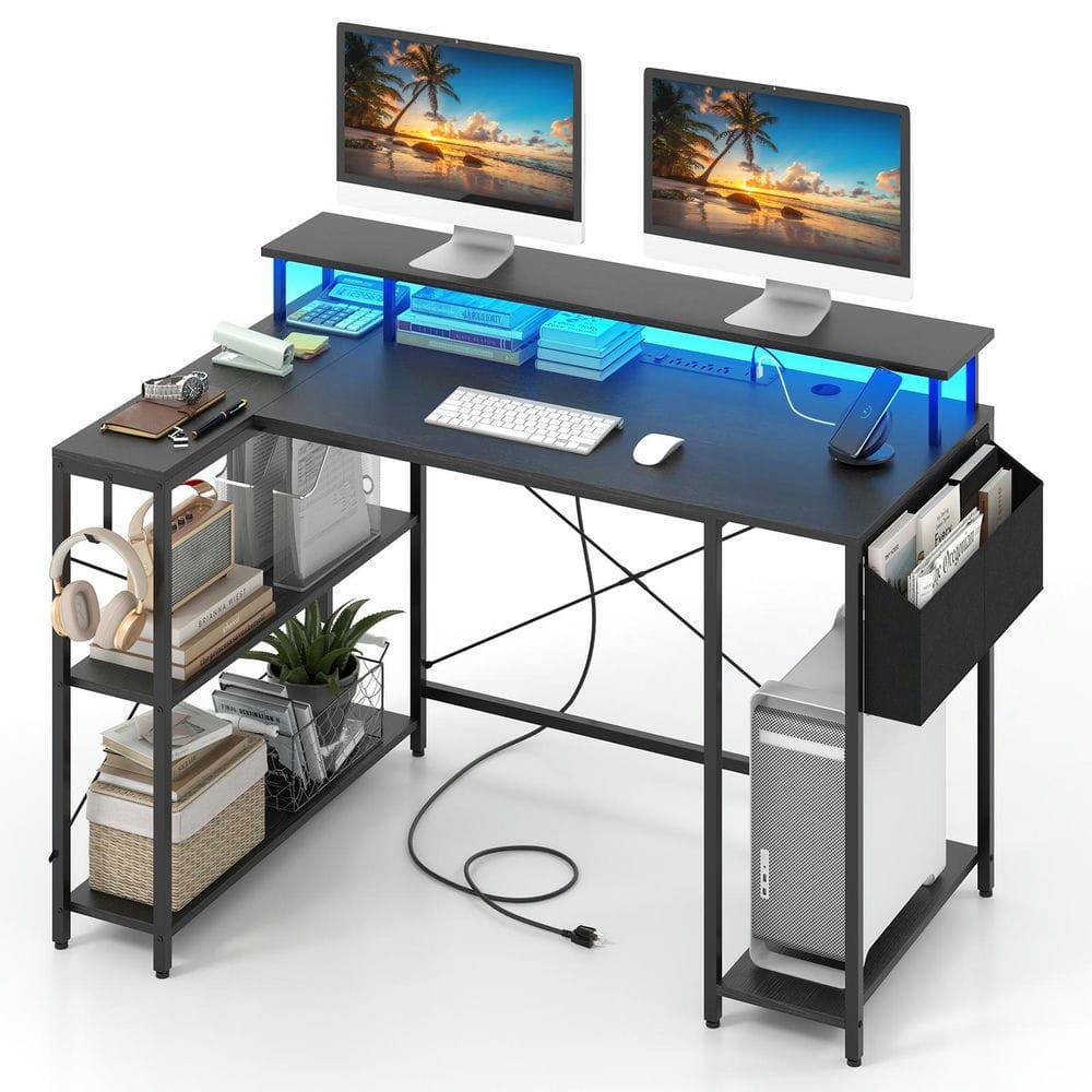 Back. Resenkos - L-Shaped Gaming Desk - LED Lights & Power Outlets, Black - Black.
