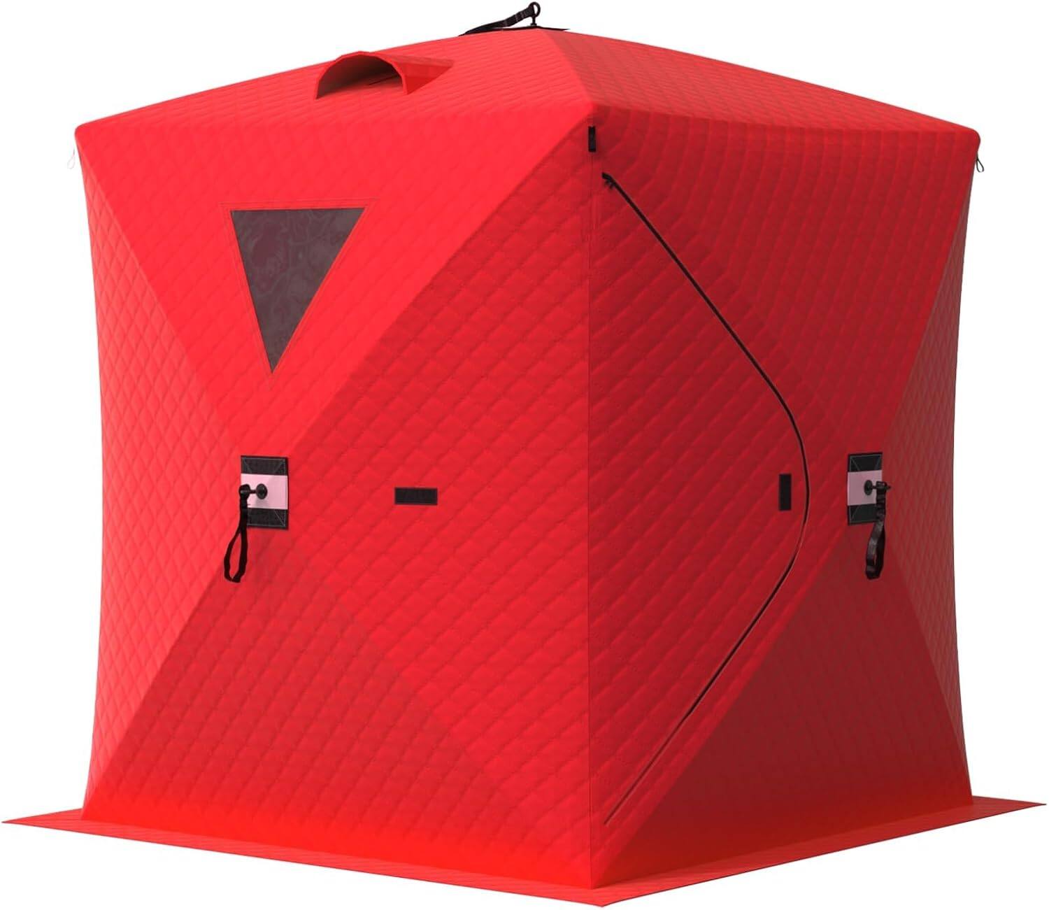 Front. GAOMON - Pop-Up Ice Fishing Tent, 3-4/5-8 Person Windproof & Waterproof Insulated Ice Shanty, Portable Hub-Style Oxford Shelter - Red.