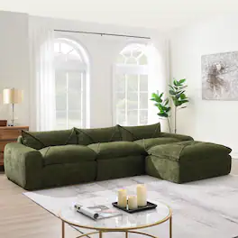 Whisen - Fully Assembled Sectional Sofa with Ottoman,High-Density Foam Legless Floor Couch - Green