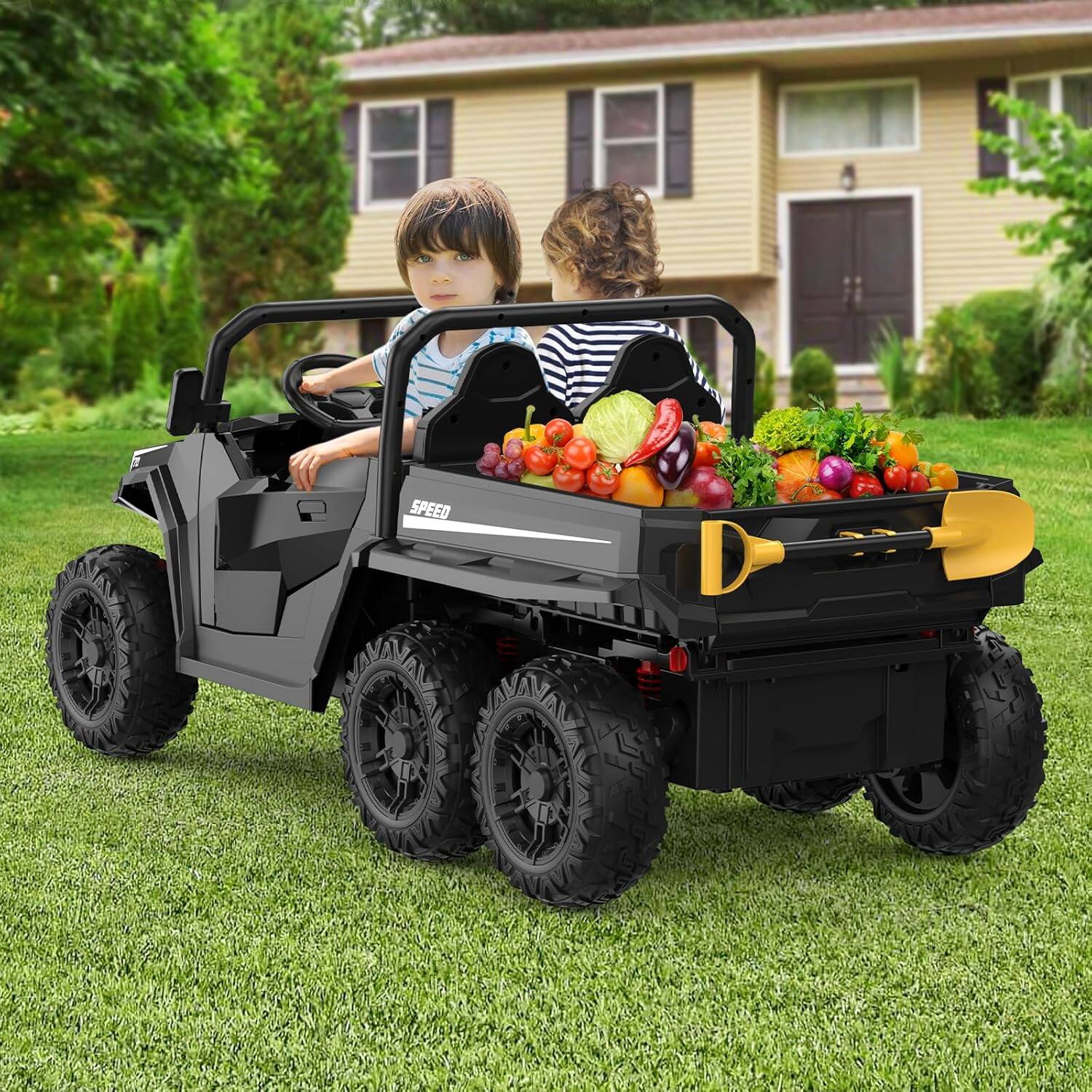 Alt View 7. GARVEE - 24V 4WD 6-Wheel Ride-On Dump Truck for Kids, 2-Seater, 4×200W Motors, Remote, LED Lights, Music, Electric Dump Bed - Black.