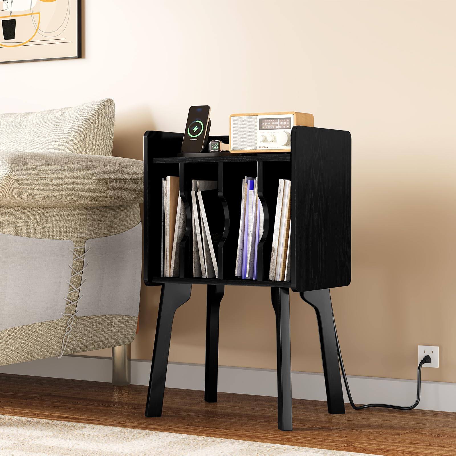 Left. PO3TICJUNKI3 - Mid Century Modern Nightstand End Table Side With Storage Wood Coffee For Living Room And Bedroom with Socket - Black.
