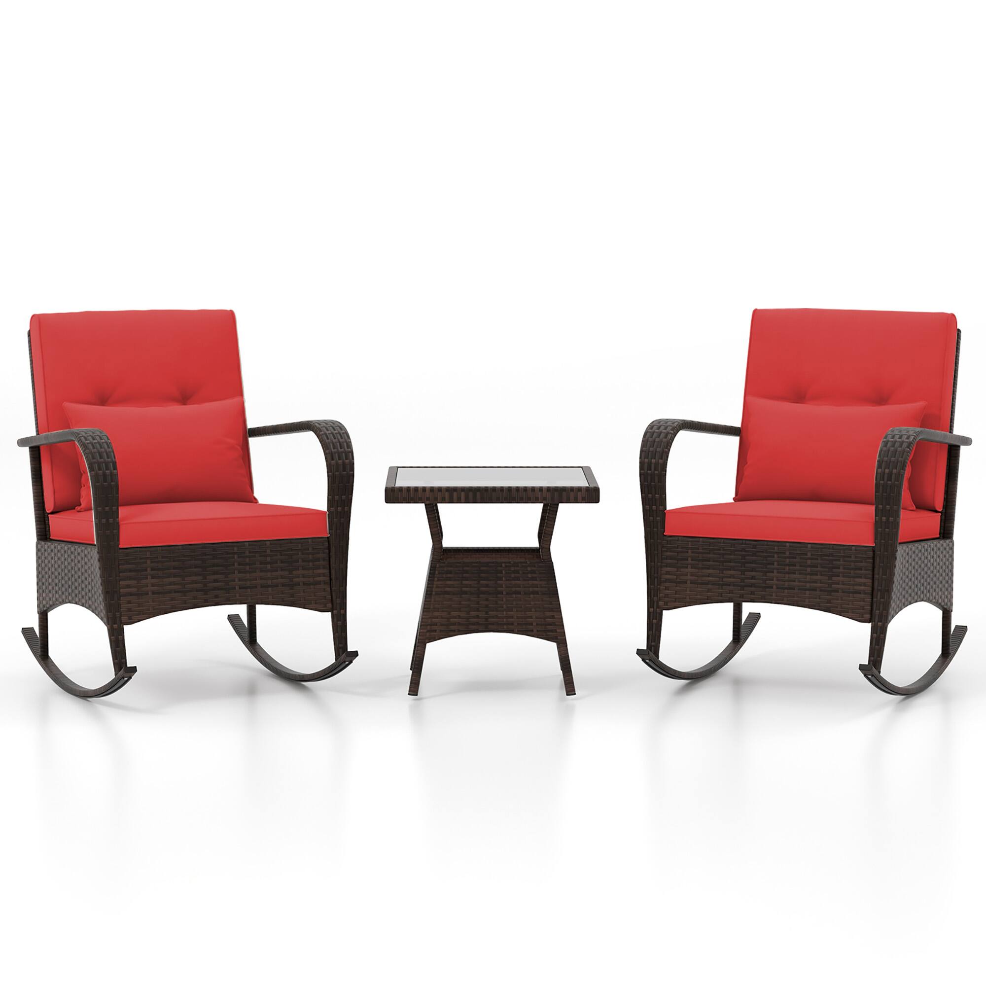 Alt View 9. Gymax - Gymax 3 Piece Outdoor Rocking Set Rattan Rocker Chairs w/ Tempered Glass Coffee Table Red - Red, Mix Brown.