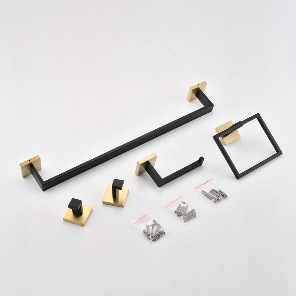 Alt View 6. JUJABU - 5-Piece Bathroom Set Towel Bar + Ring + Hooks + TP Holder, Black + Gold - Black + Gold.