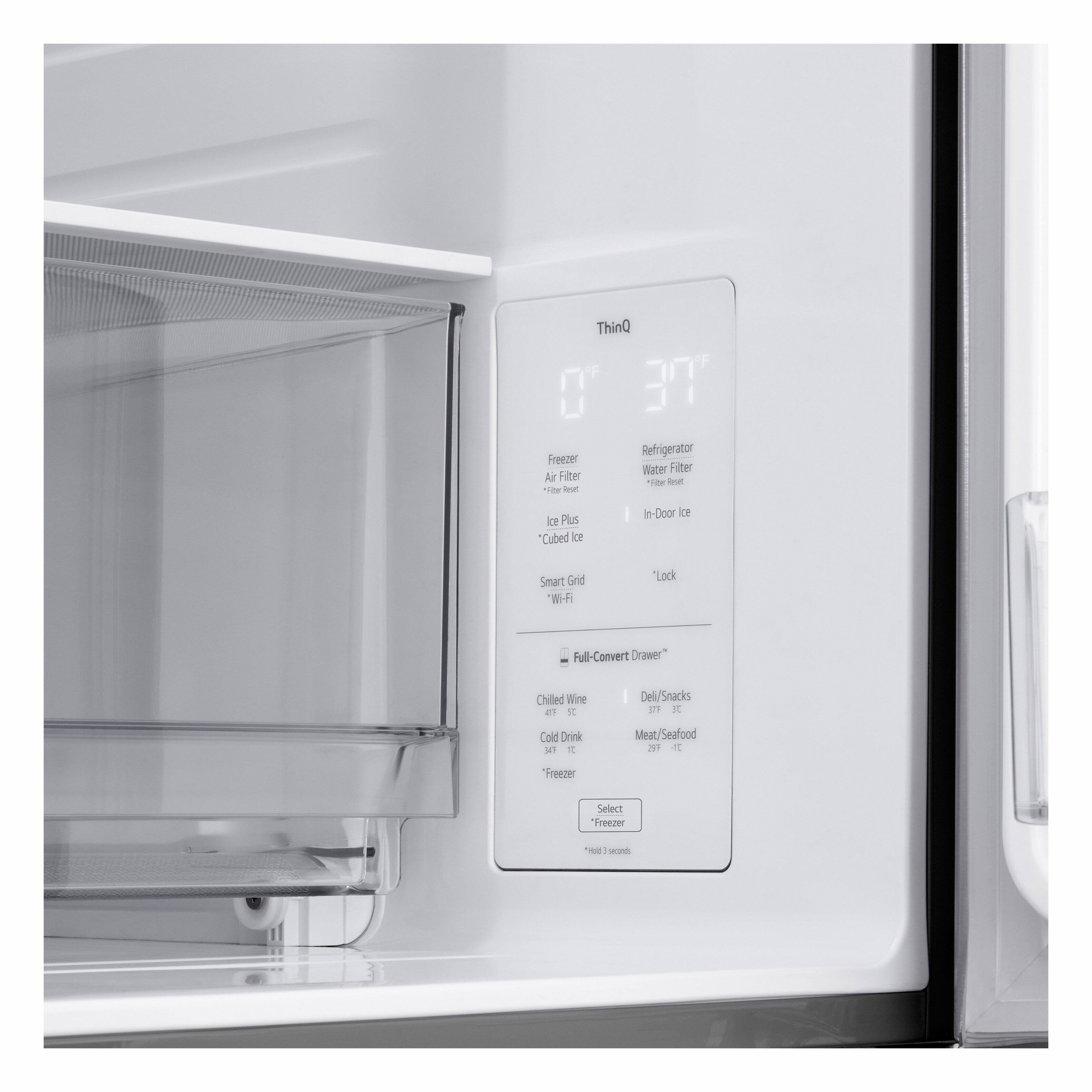 ThinQ 37 Refrigerator Freezer Water Filter Air Filter Ice Plus "Cubed ice In-Door ice Smart Grid Wi-Fi "Lock Fall-Convert Drawer" Chilled Wine Cold Drink Meat/Seafood