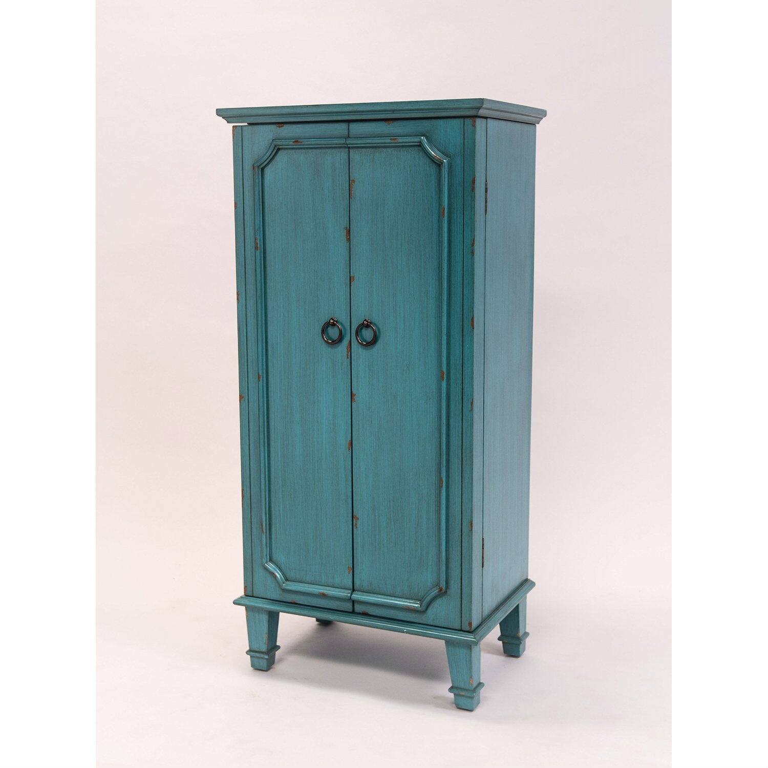 Angle. Hivvago - Vintage Turquoise Hand Painted Jewelry Armoire with Antique Drawer Pulls - Turquoise.