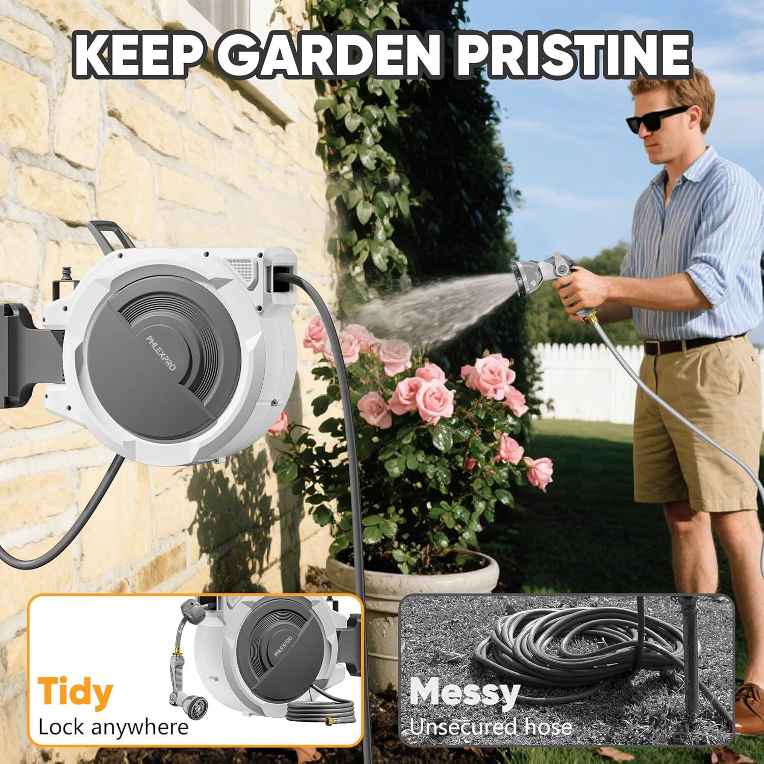 KEEP GARDEN PRISTINE

Tidy  
Lock anywhere

Messy  
Unsecured hose