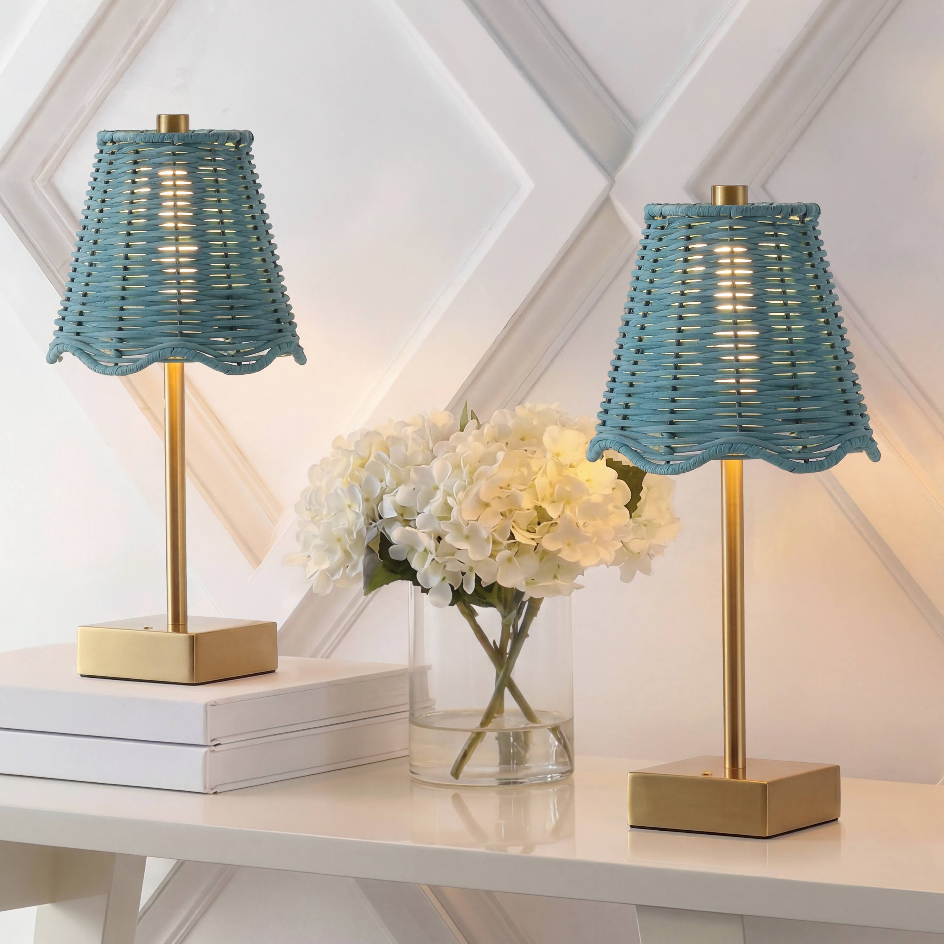 Alt View 1. Jonathan Y - Willow 11" Coastal Bohemian Cordless Rechargeable Table Lamp Set of 2, Brass Gold with Blue Rattan Shade, Touch Dimmer - Brass Gold.