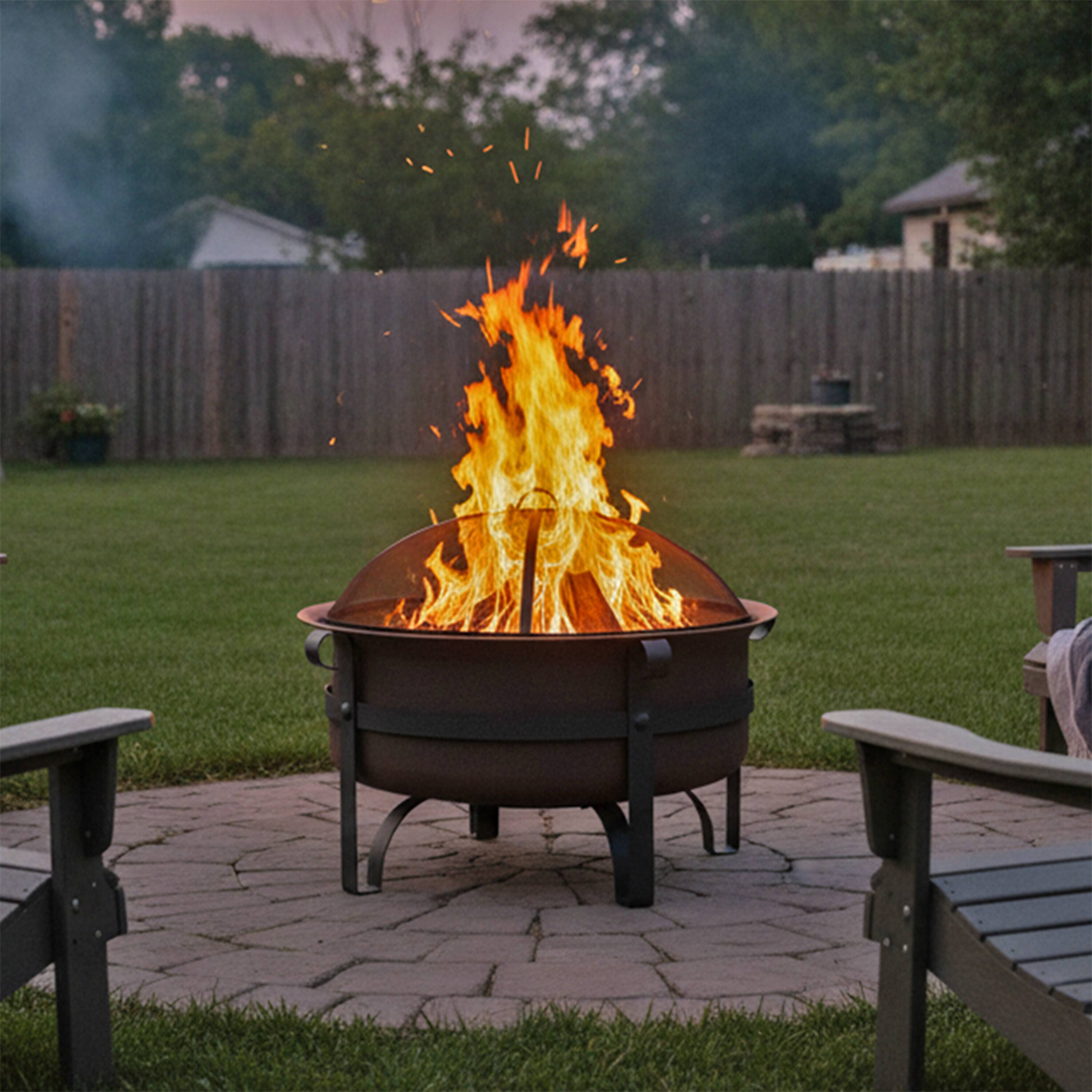 Alt View 8. Sunnydaze - 29 in Cauldron Style Steel Fire Pit with Spark Screen - Bronze.