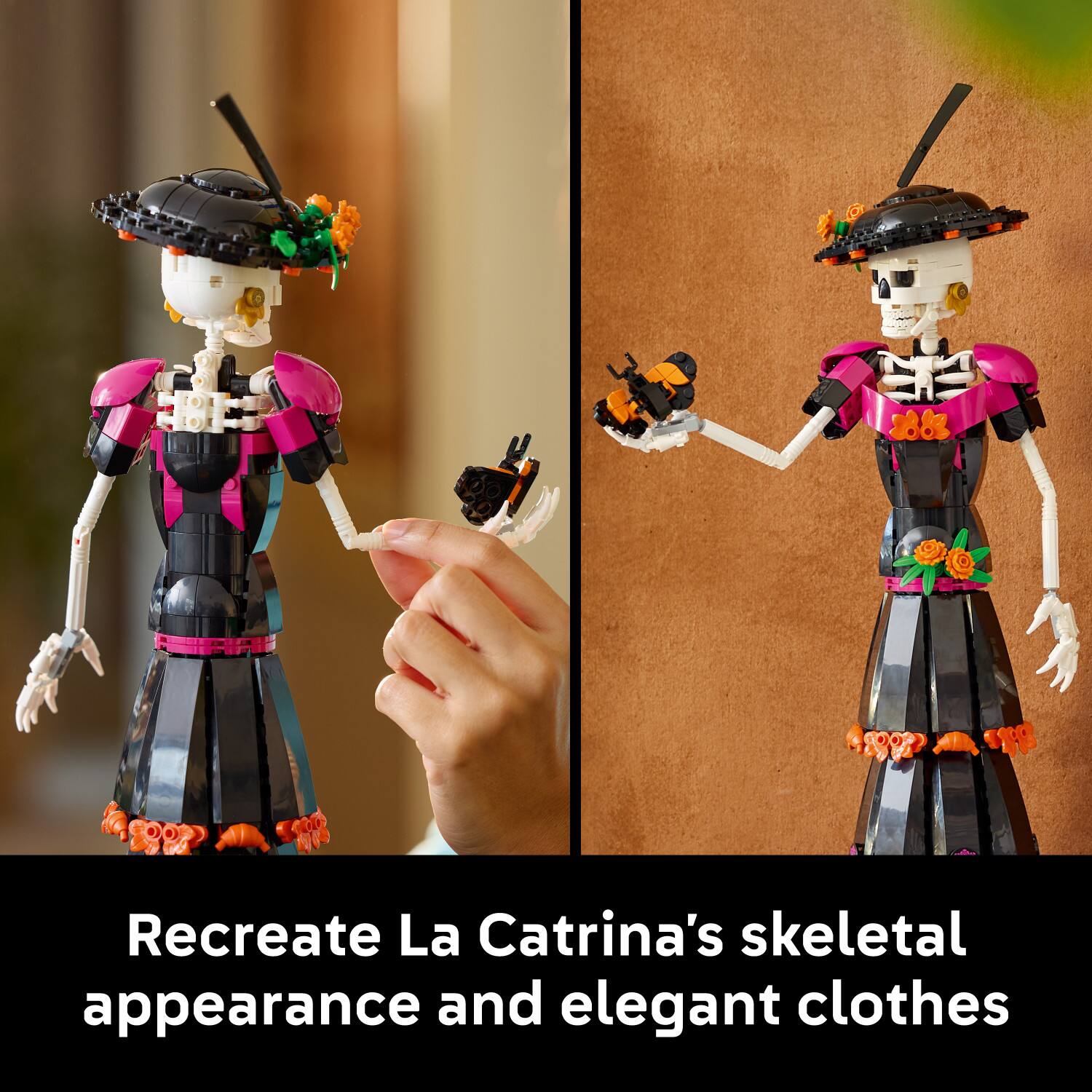 Recreate La Catrina's skeletal appearance and elegant clothes