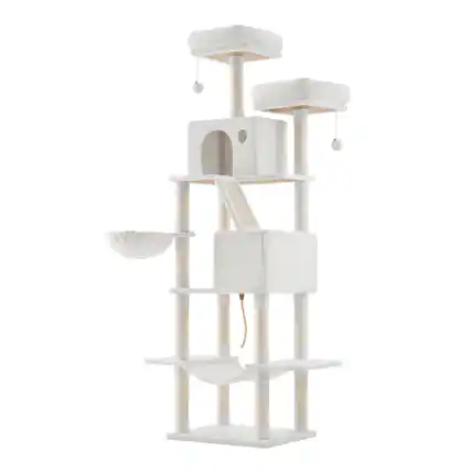 Front. Songmics Home - Cat Tree, 80.1-Inch Large Cat Tower Condo with 13 Scratching Posts, 2 Perches, 2 Caves, Basket, Hammock, Pompoms - Cream White.