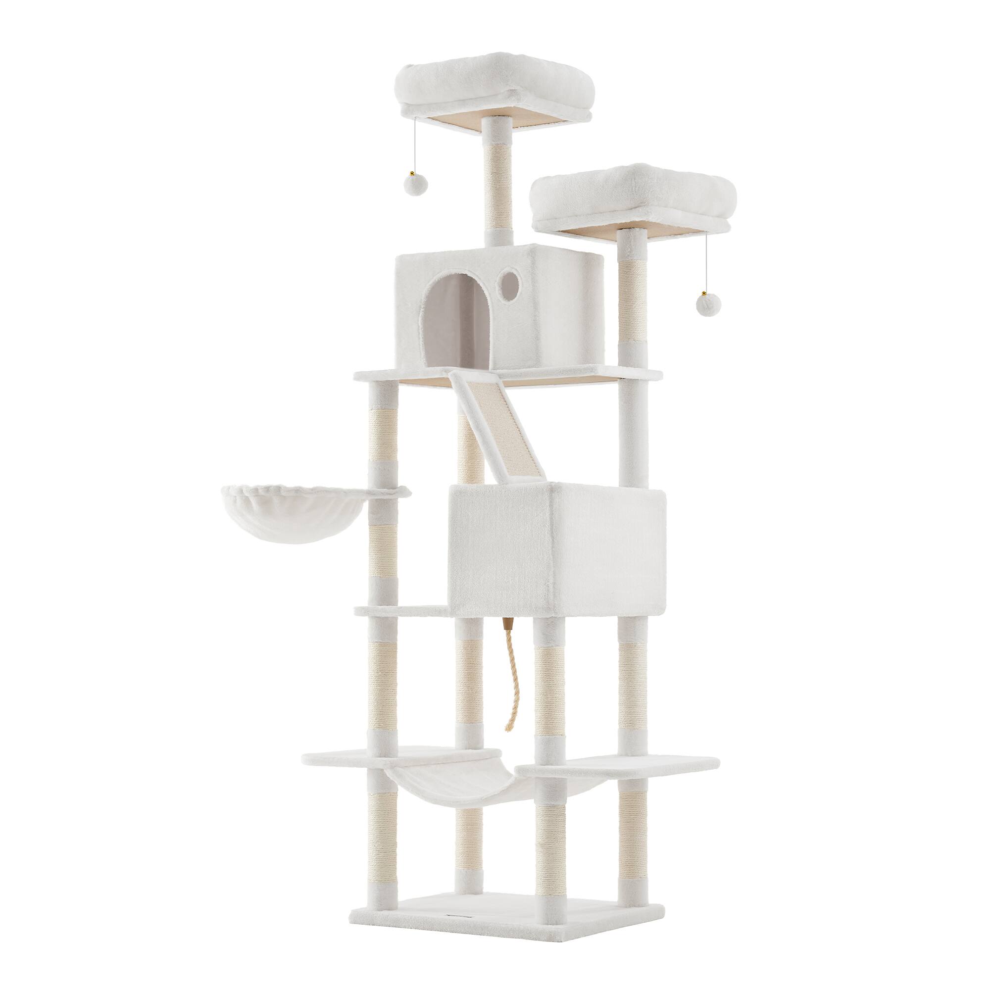 Front. Songmics Home - Cat Tree, 80.1-Inch Large Cat Tower Condo with 13 Scratching Posts, 2 Perches, 2 Caves, Basket, Hammock, Pompoms - Cream White.